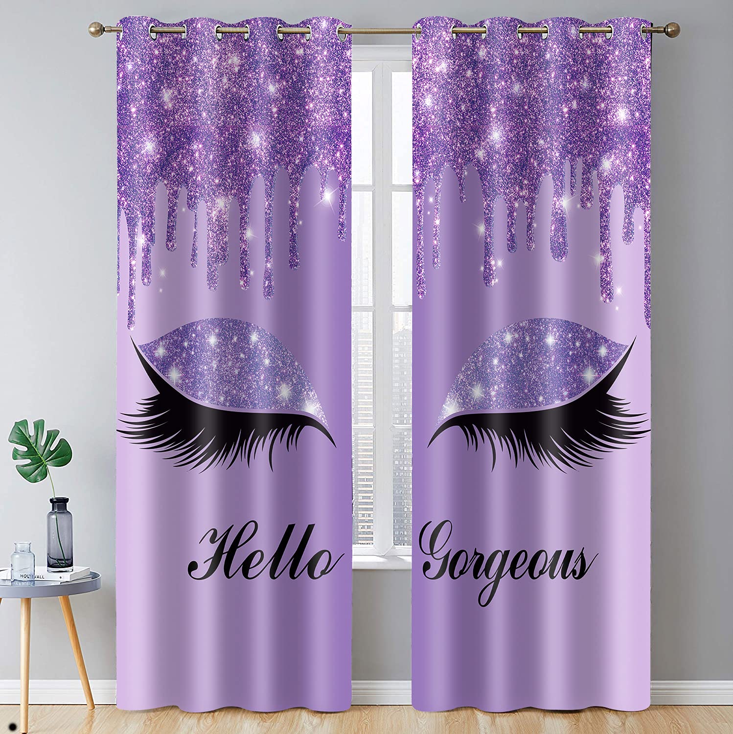 BSPPTI Hello Gorgeous Unicorn Eyelash Print Curtain, Violet Drips (No Glitter No Sequin) Room Darkening Thermal Insulated Blackout Window Drapes for Living, Bedroom, 42"x 84", 2 Panels, CLLSSP23