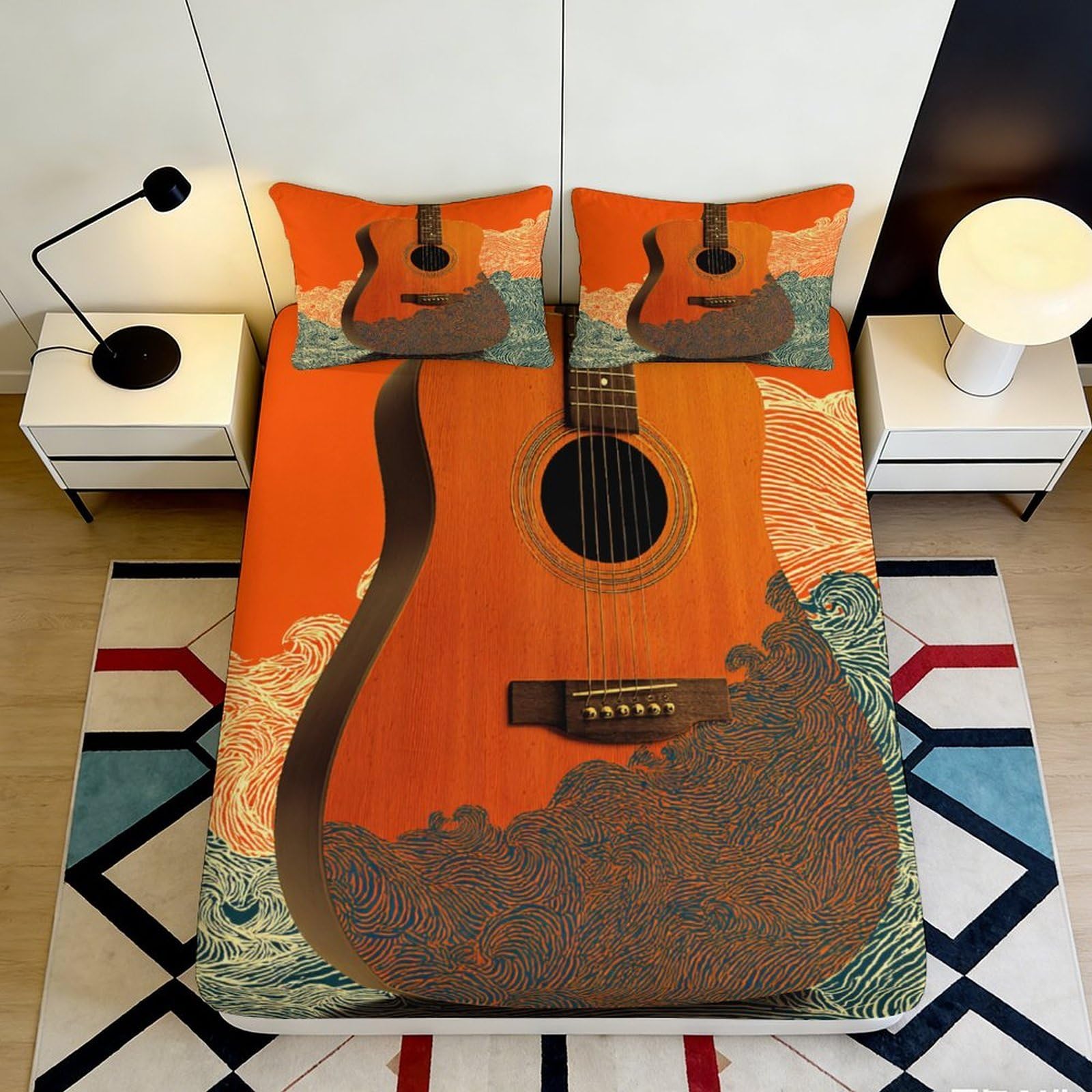 3D Printed Guitar Pattern Fitted Sheet Microfiber Deep Pocket Non-Slip Bedroom Bedding Guitar Mattress Fitted Cover Washable 200x200x25cm 90x200x25cm