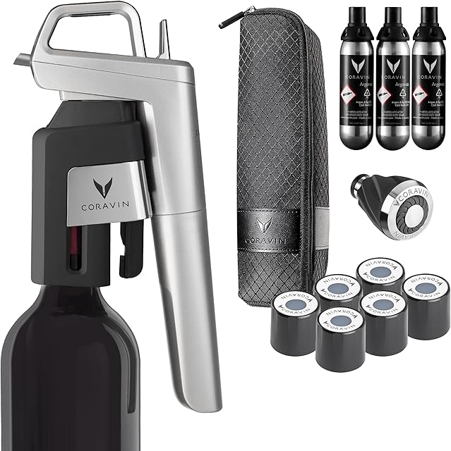 Coravin Sistema de preservação de vinho Timeless Six Plus  Protetor de vinho  Aerador de vinho, 3 cápsulas de gás, 6 tampas de rosca, ferramenta de limpeza e estojo de transporte  Vinho branco, vinho tinto e mais  prata