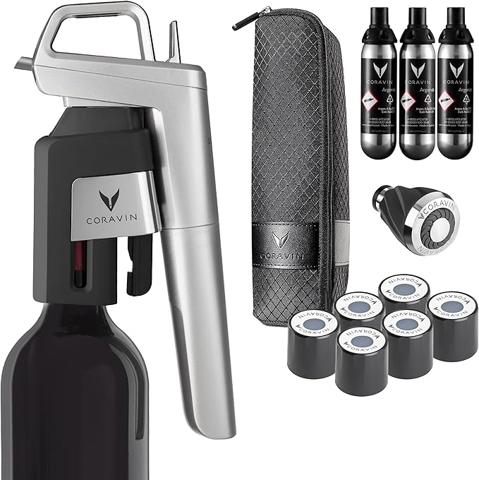 Coravin Timeless Six Plus Wine Preservation System - By-the-Glass Wine Saver - Wine Aerator, 3 Pure Argon Capsules, 6 Screw Caps, Clearing Needle & Carry Case - Silver