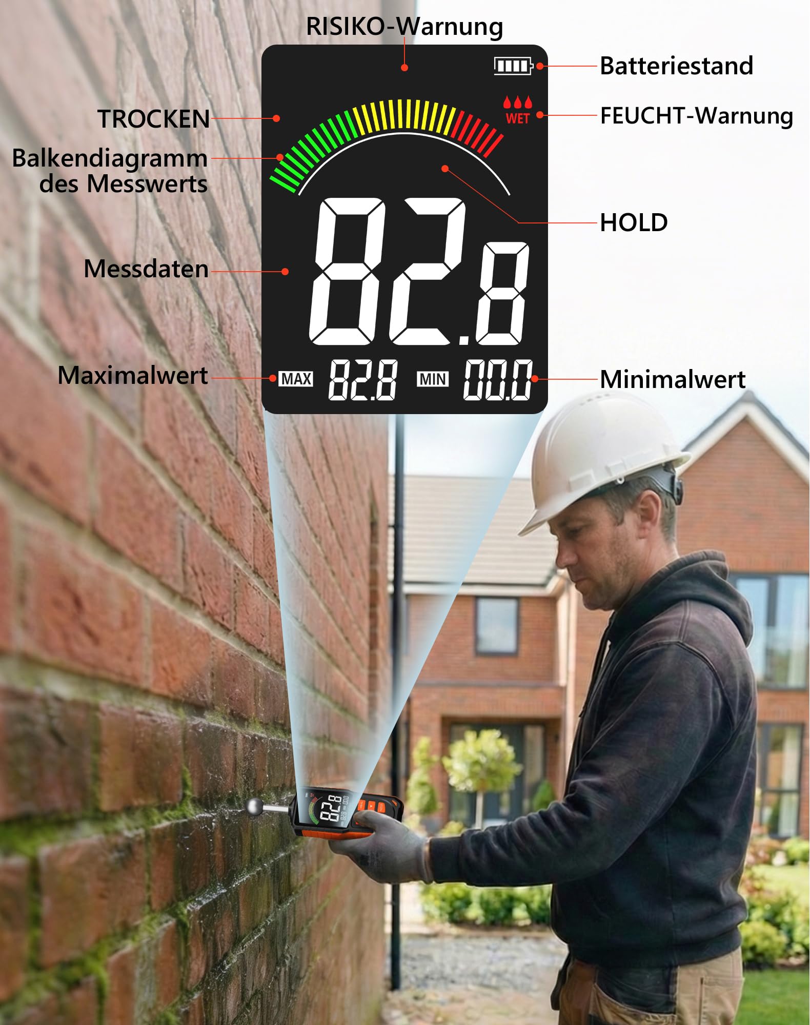 Feuchtigkeitsmessgerät Wand & Holz, Zerstörungsfreies Feuchtemesser mit Kugelsensor, 40mm Tiefenscan USB-C Aufladbar LCD Farbbildschirm Feuchtemessgerät für Beton,Estrich,Wohnmobil-Inspektion