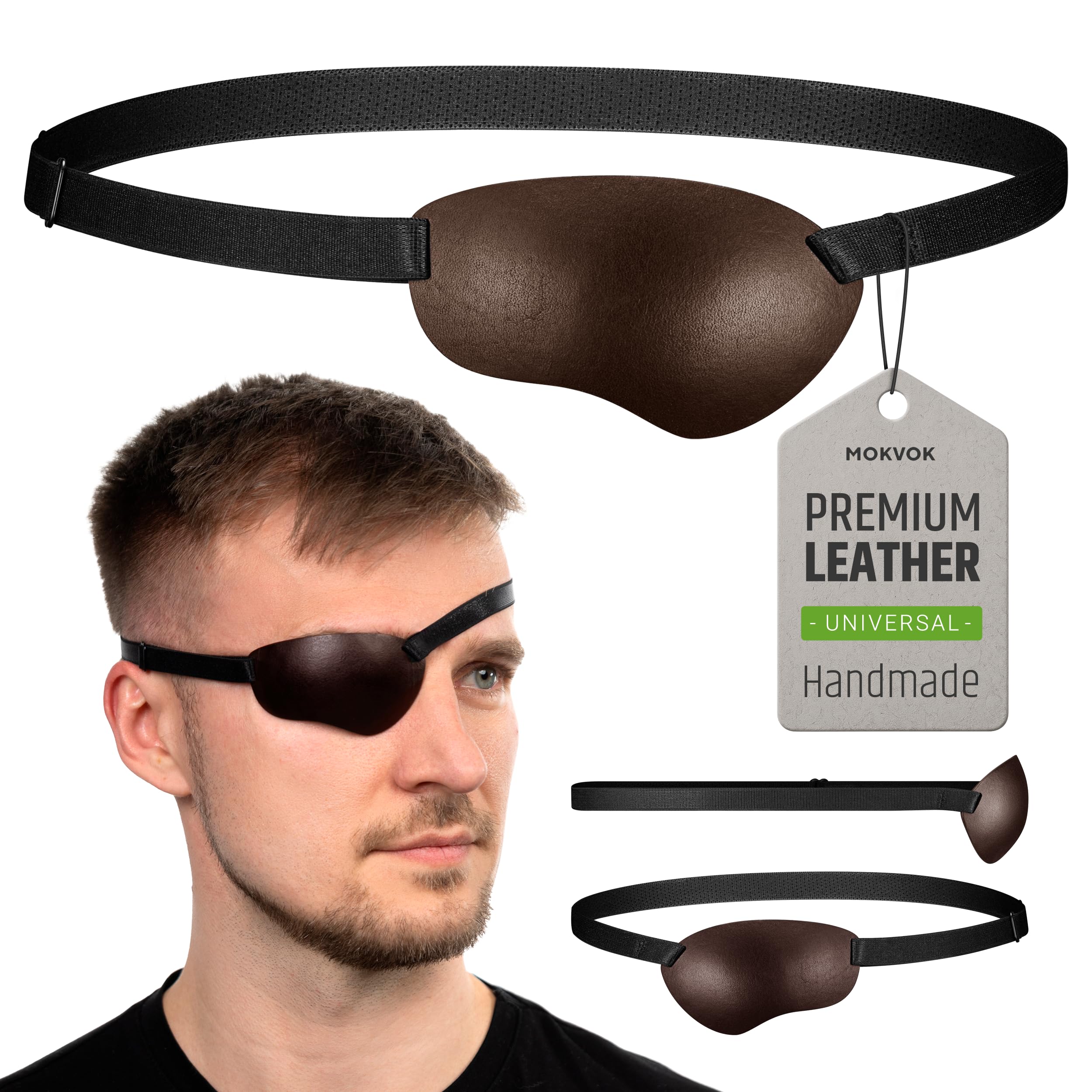 Brown Leather Eye Patch, Concave 3D Design for Adults, Adjustable Strap