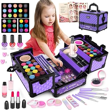 Hollyhi 59Pcs Kids Makeup Kit for Girl, Washable Play Makeup Toys Set for Dress Up, Beauty Vanity Set with Cosmetic Case Birthday Toys for Girls 3 4 5 6 7 8 9 10 11 12 Year Old Kids Toddlers Purple