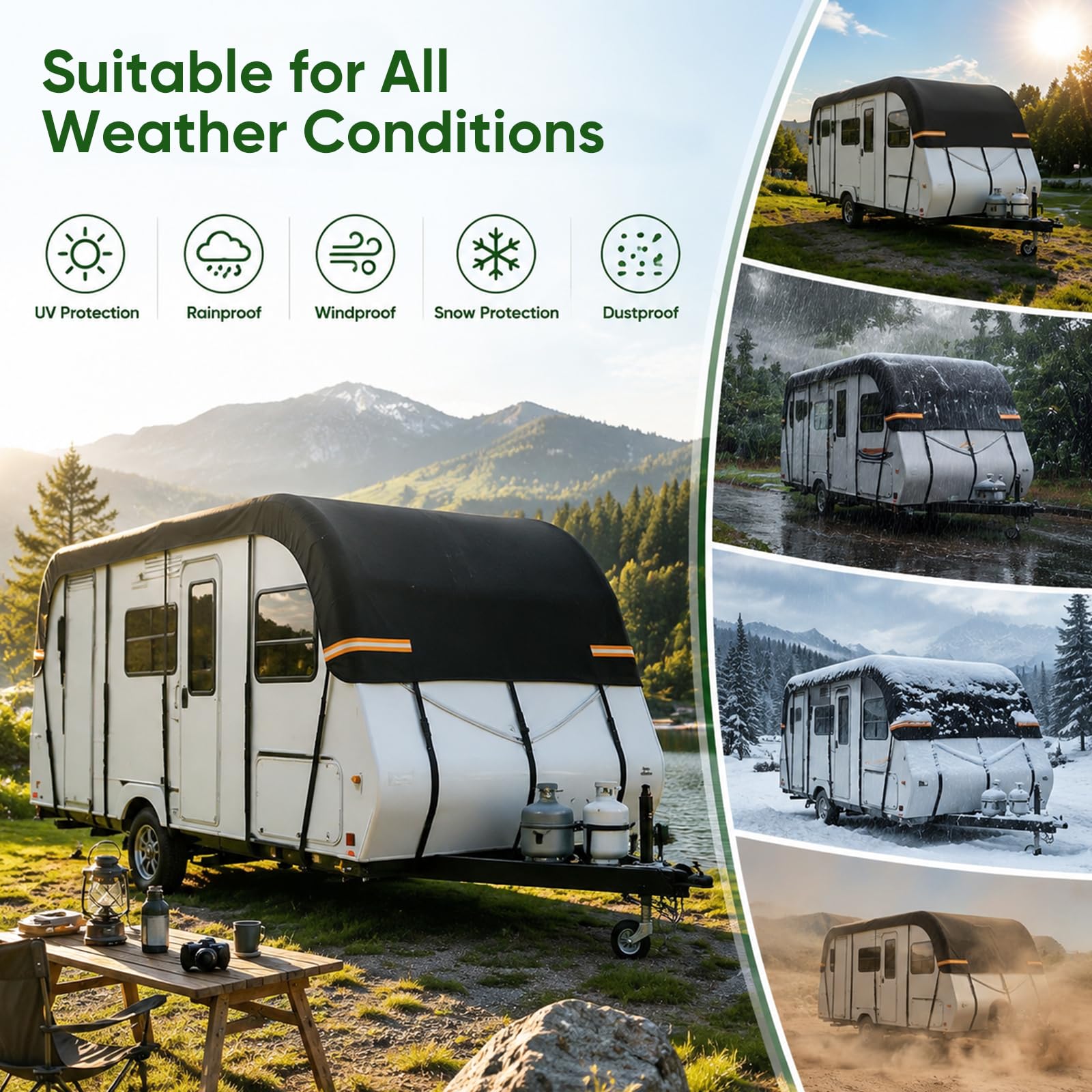 Telo di copertura per roulotte, 7,5 x 3 m, in tessuto Oxford 210D, impermeabile, protezione UV, per camper con 16 cinghie regolabili e strisce riflettenti, per campeggio e attività all'aperto
