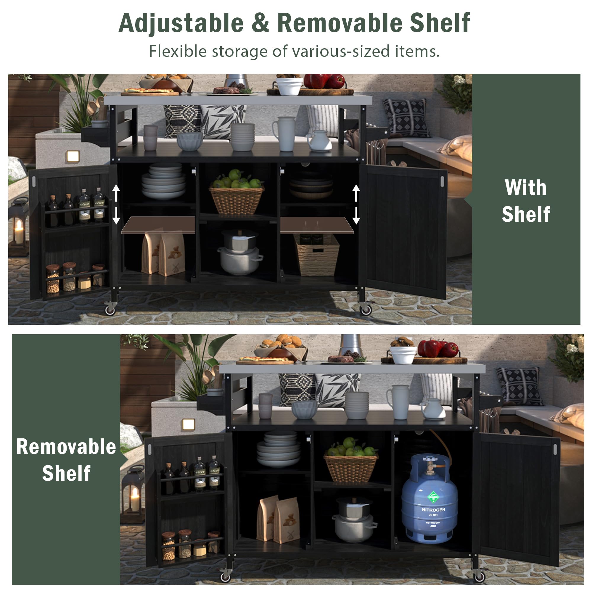 66.5" Outdoor Kitchen Island Grill Cart for Large Big Green Egg & Kamado Joe,Rolling Grill cart with Storage,Stainless Steel Top,Compatible with 21-22 inch Tabletop Grills (Black, 66.5 inch) — view 5