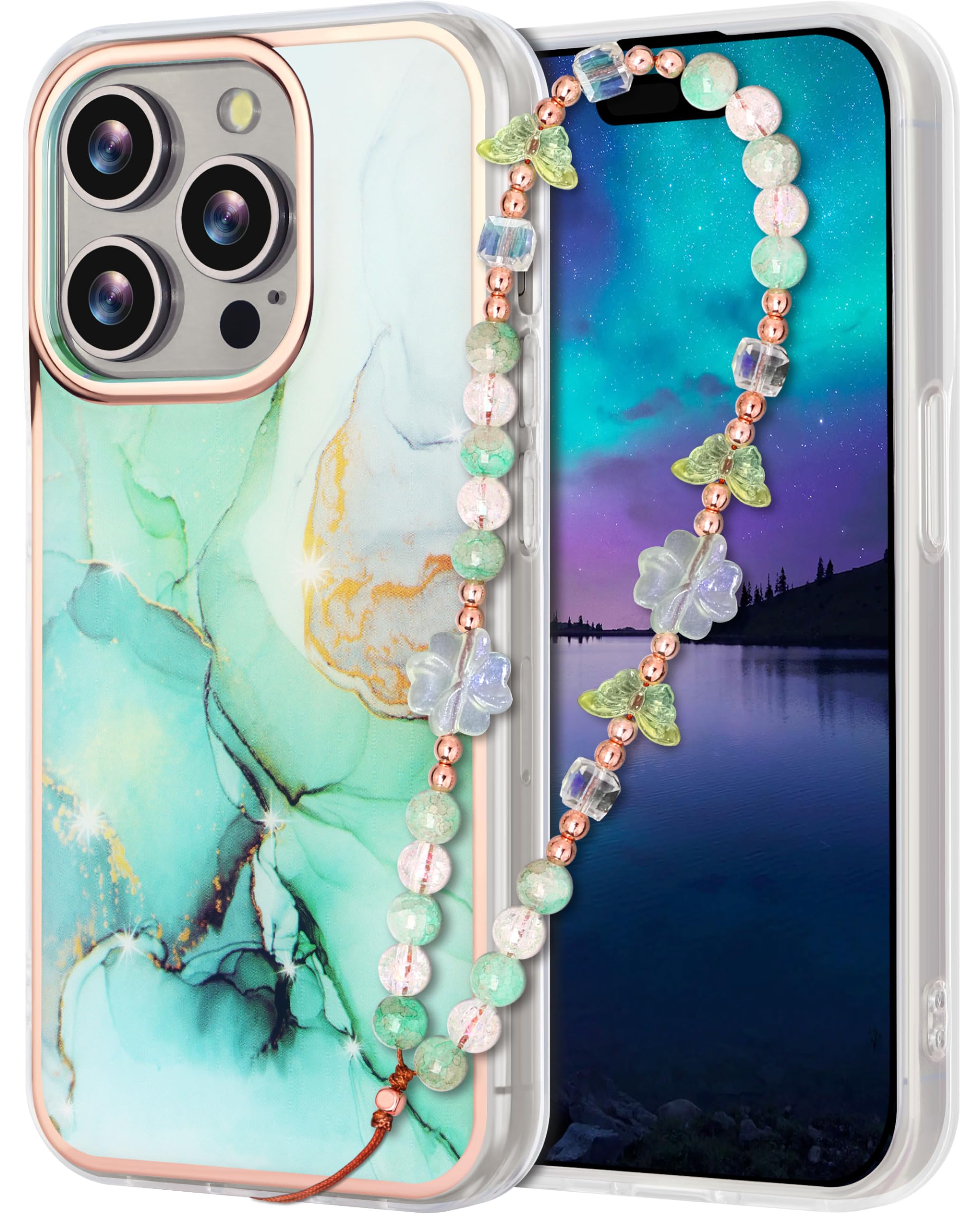 Compatible with iPhone 16 Pro Case for Women Girls, Slim Fit Stylish Cute Phone Case for iPhone 16 Pro with Butterfly Phone Charm Lanyard Wrist Strap,
