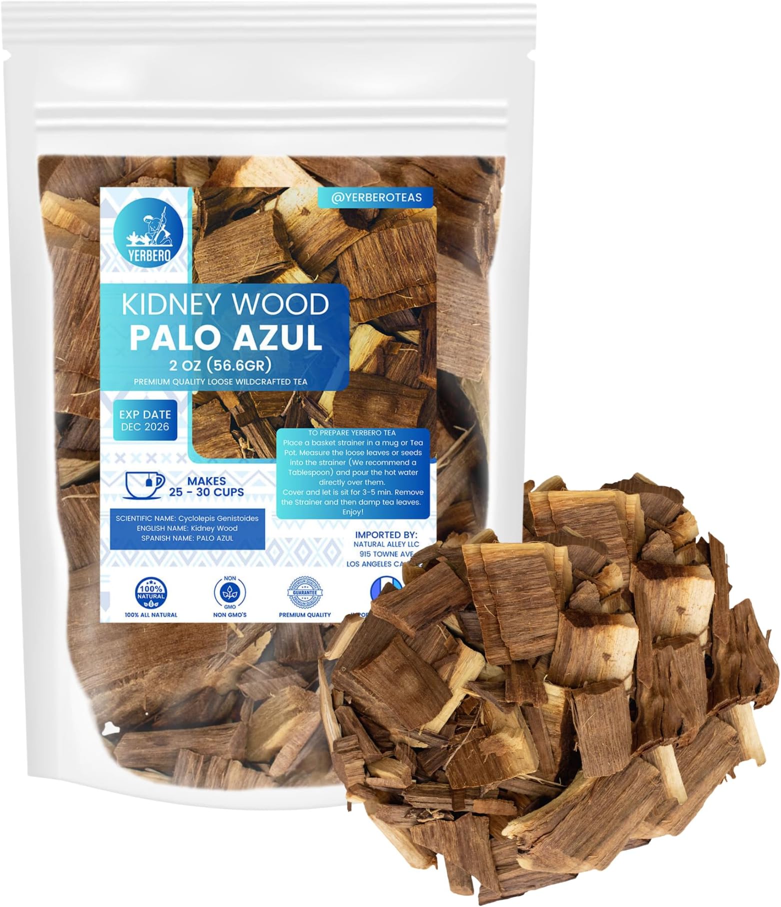 Yerbero - Te Herbal Palo Azul 2oz (56.6g) | Kidneywood Herbal Tea (Blue Stick) | Makes 20+ Cups | Wildcrafted Kidney Wood Tea | All Natural Tea, non-GMO.
