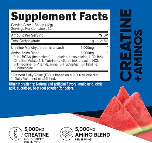 Miniatura 2 de Nutricost Creatina + Aminos 30 porciones (sabor a sandía)  5,000 mg de monohidrato de creatina + 5000 mg de mezcla de amino BCAA por porción