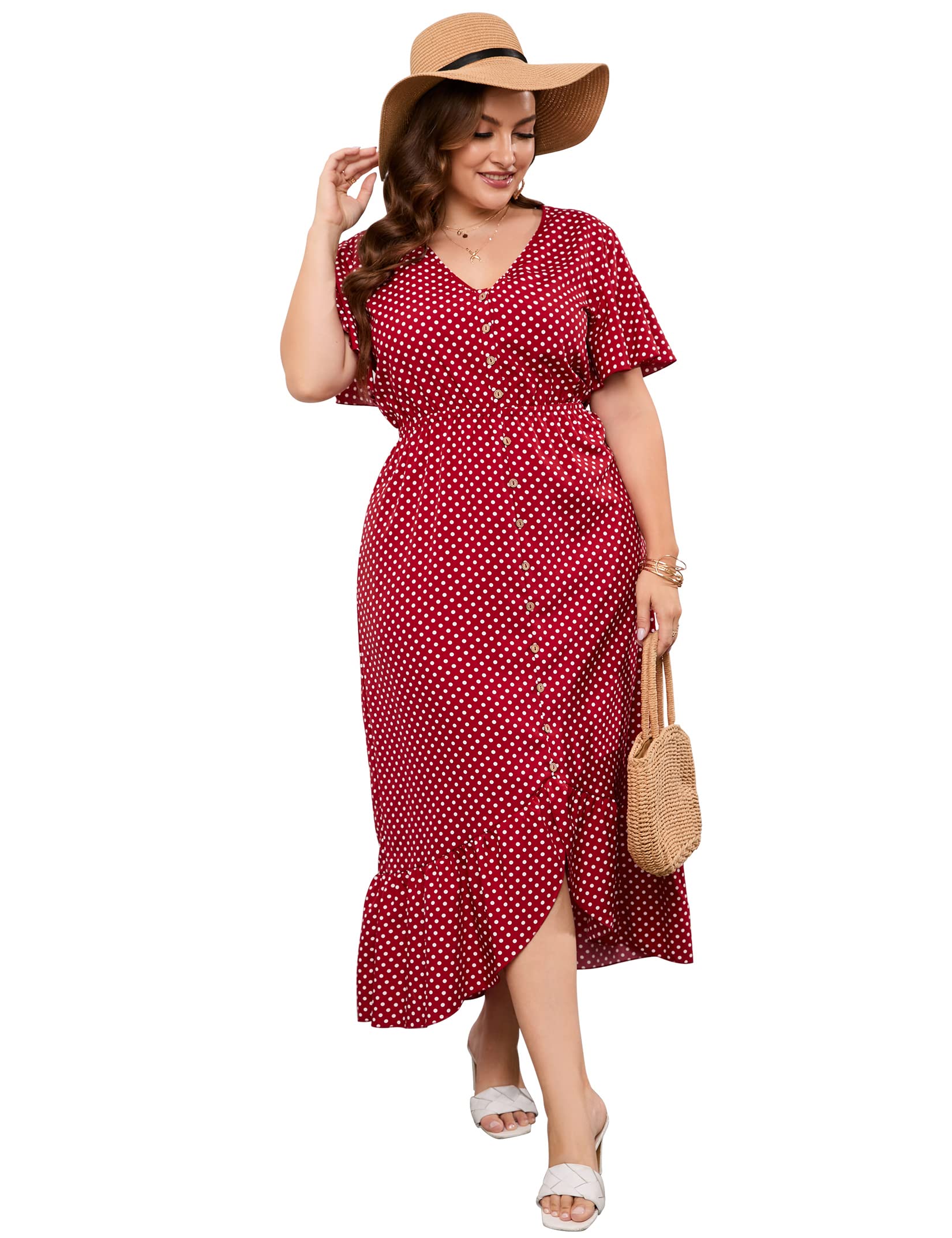 KOJOOINPlus Size Summer Dress for Women Short Bell Sleeve V Neck Button Ruffle Hem High Low Floral Maxi Dress