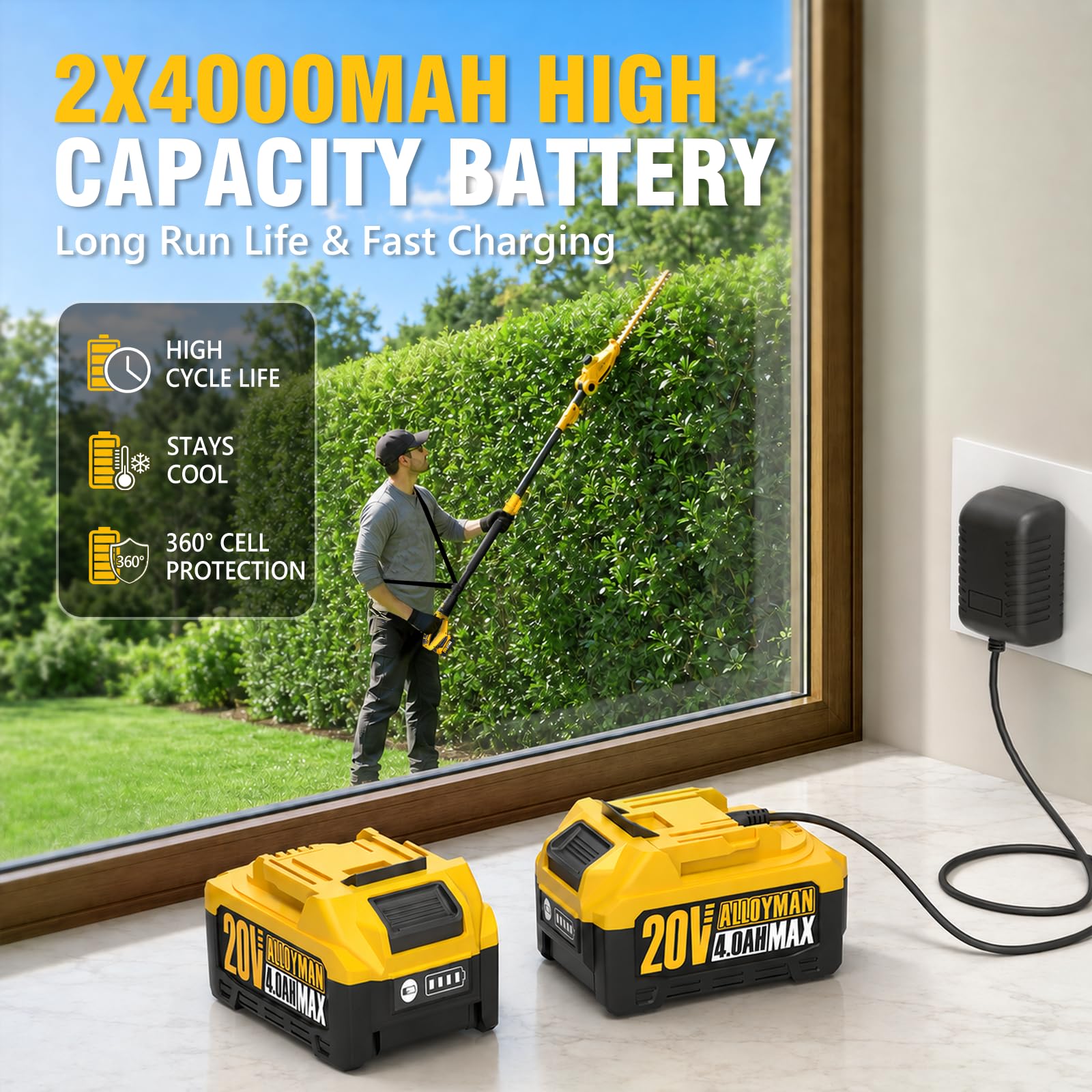 Alloyman Cortasetos de Poste de 20V máximo, Cortasetos telescópico, con 2 Paquetes de baterías de 2,0 Ah y Cargador, Cortasetos de 8 pies para podar arbustos