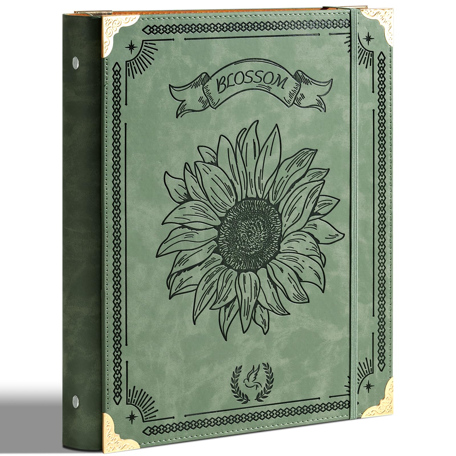 Ovesmusl Sunflower PU Leather 3 Ring Binder Fits 8.5"x11" Letter Size Paper, 1.5 Inch Round Ring Binder Holds 350 Sheets, Notepad Paper Cover Loose Leaf Organizer, Green