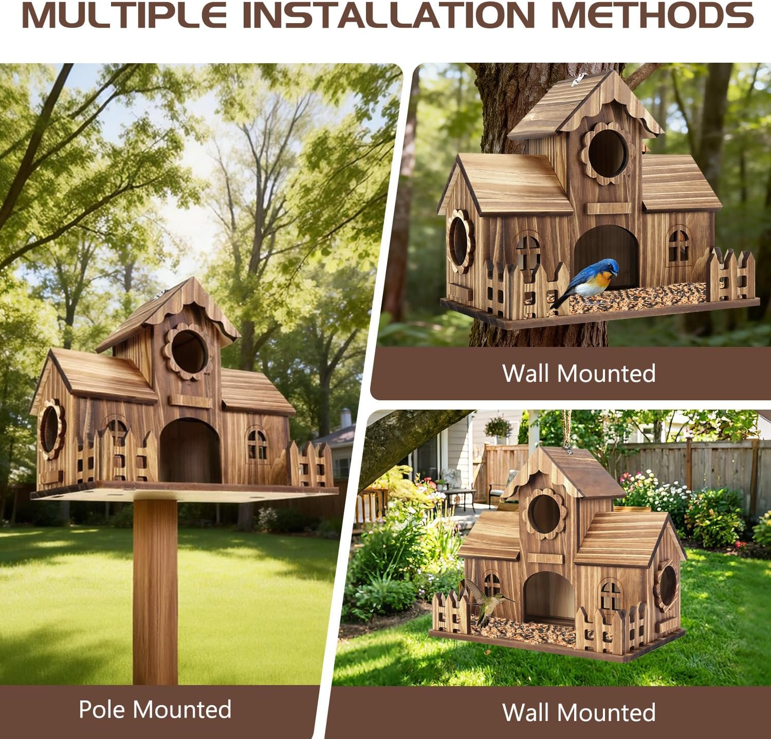 Bird Houses for Outside with Fence Platform, 4-Hole Wooden Bird House, One-Piece Spacious Design, Hanging Birdhouse with Dual Hooks, Fits Bluebirds Sparrows Cardinals for Garden Backyard