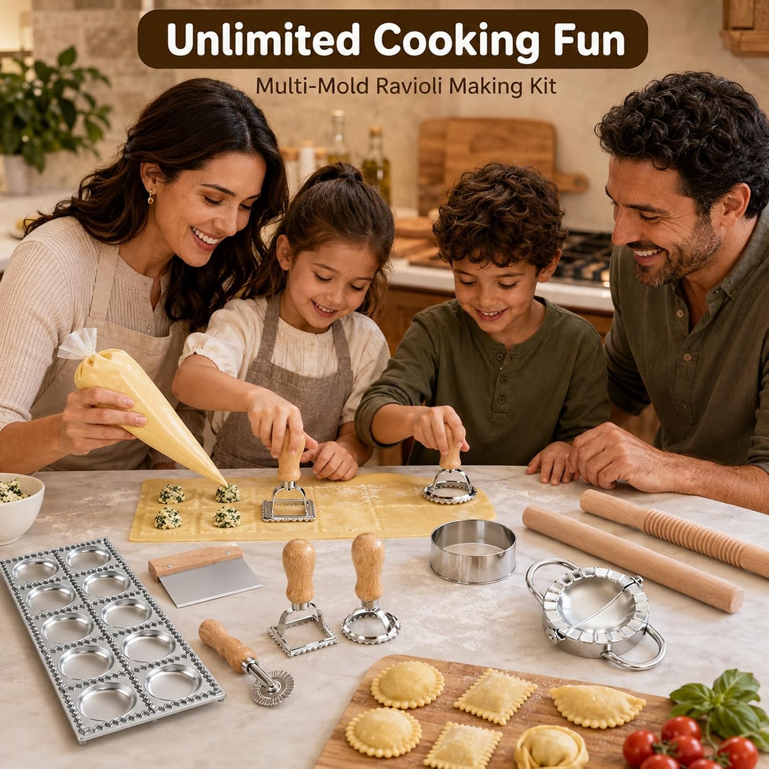 11 Pieces Ravioli Mold Set, Easy-to-Use Ravioli Maker Press with Ravioli Cutter Wheel, Pasta Cutter & Ravioli Making Kit, Wooden Pasta RollerPasta Making Tools for home，pasta lover image 3
