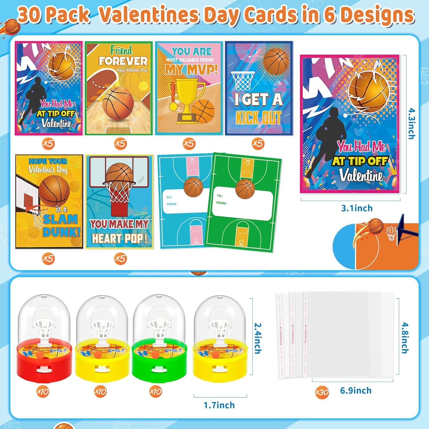 Valentines Day Gifts for Kids Classroom, 30 Pack Valentines Cards with Basketball Shooting Game, Basketball Toy for School Valentines Gifts Exchange, Kids Valentines Party Favor Supply for Boys Girls