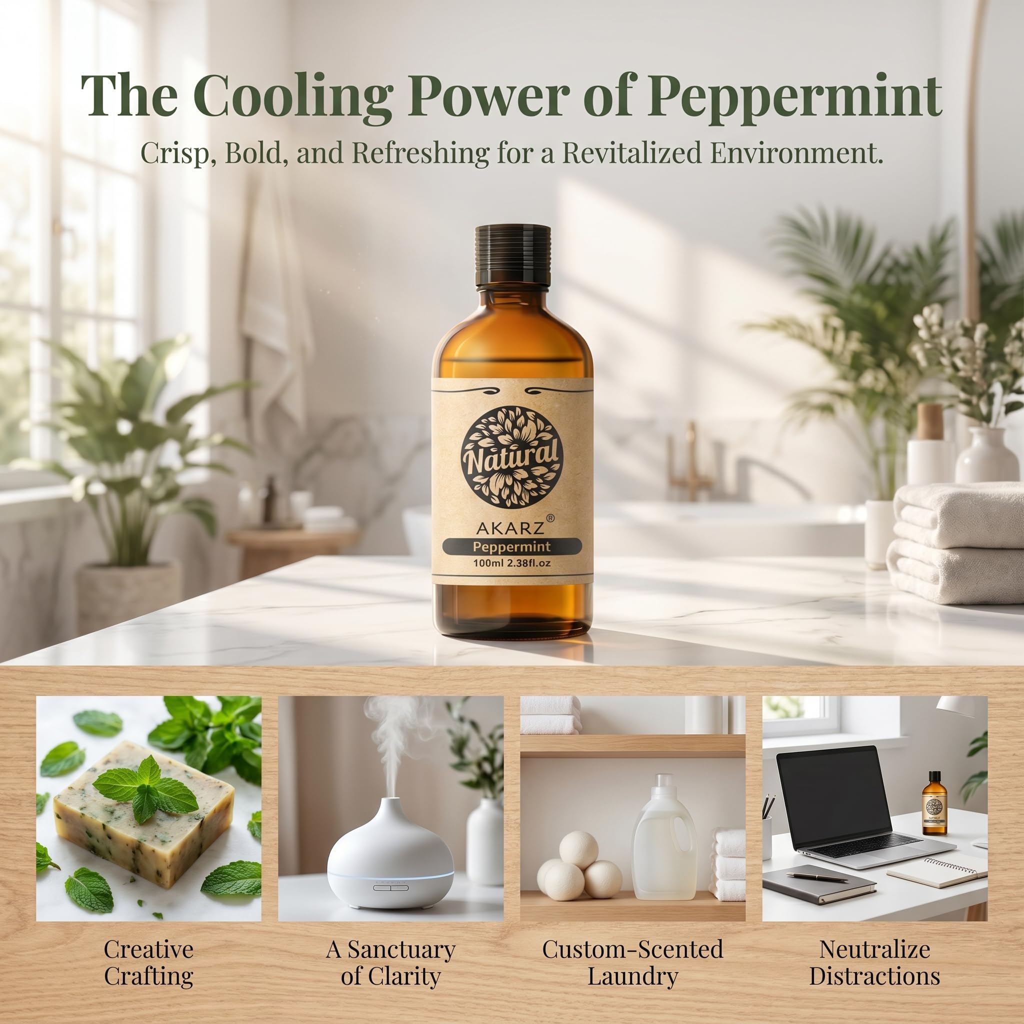 AKARZ 100ml Olejek esencjny z Miaty - Naturalny olejek aromatyczny do dyfuzorów, lamp aromatycznych i aromatów pomieszczeń