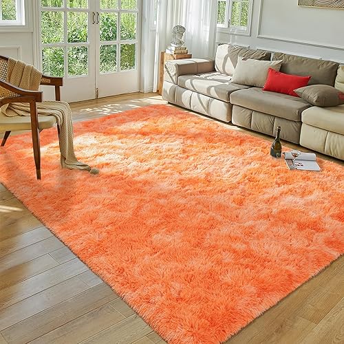 Softlife Alfombra naranja para dormitorio, alfombra peluda de felpa mullida de 4 x 6 pies para sala de estar, niñas y niños, alfombra pequeña teñida