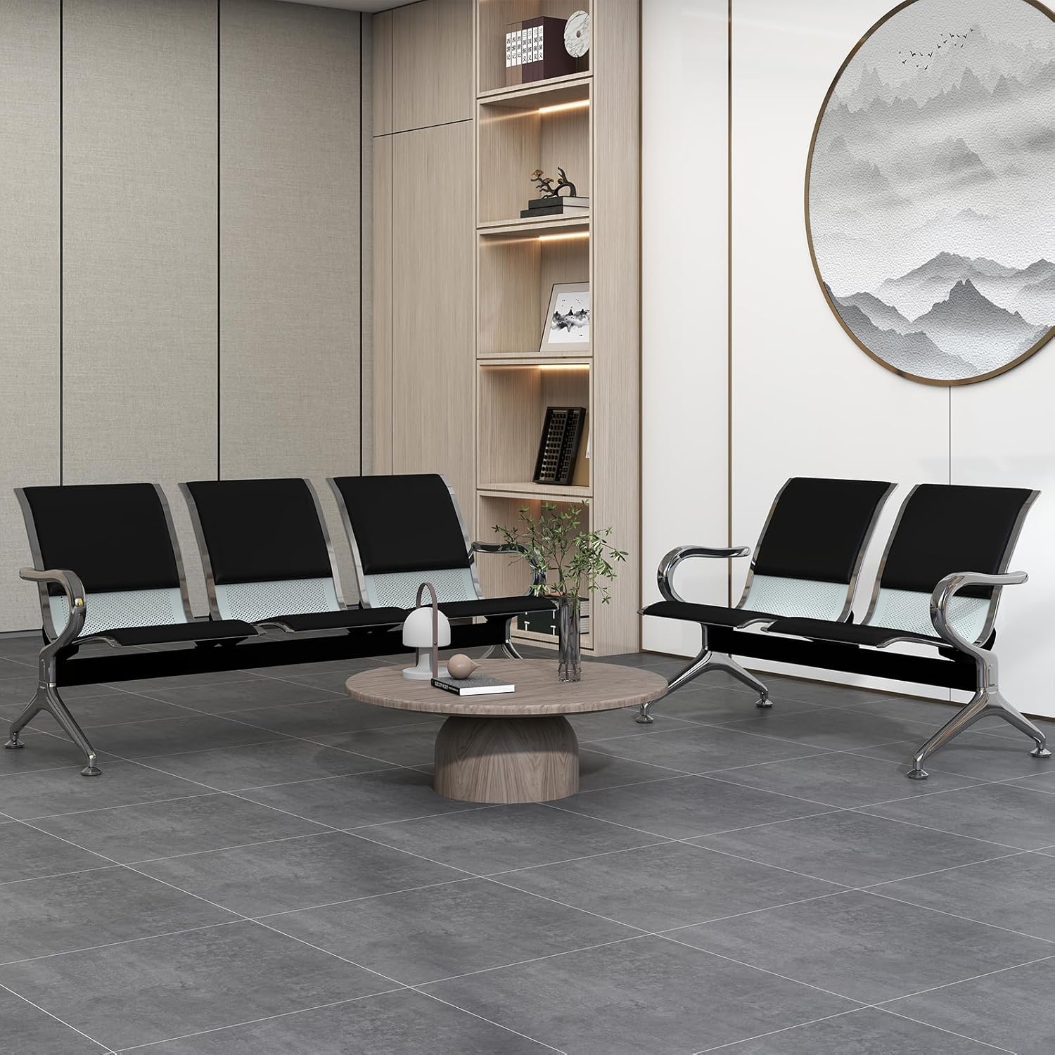 5-Seat Comfortable Reception Chairs, Waiting Room Bench with Metal Frame, PU Leather Lobby Reception Chairs with Armrests for Bank, Office, Airport & Business