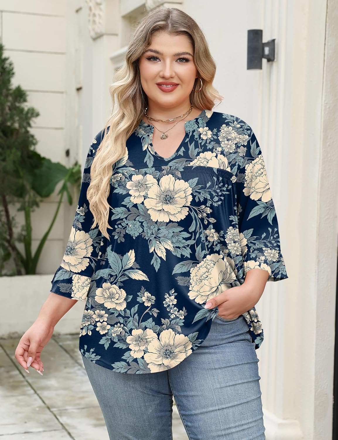 TFSDOD Plus Size Tops for Women V Neck 3/4 Sleeve Pleated Blouses Dressy Casual Fashion Tunic Top (1X-5X) - Image 2