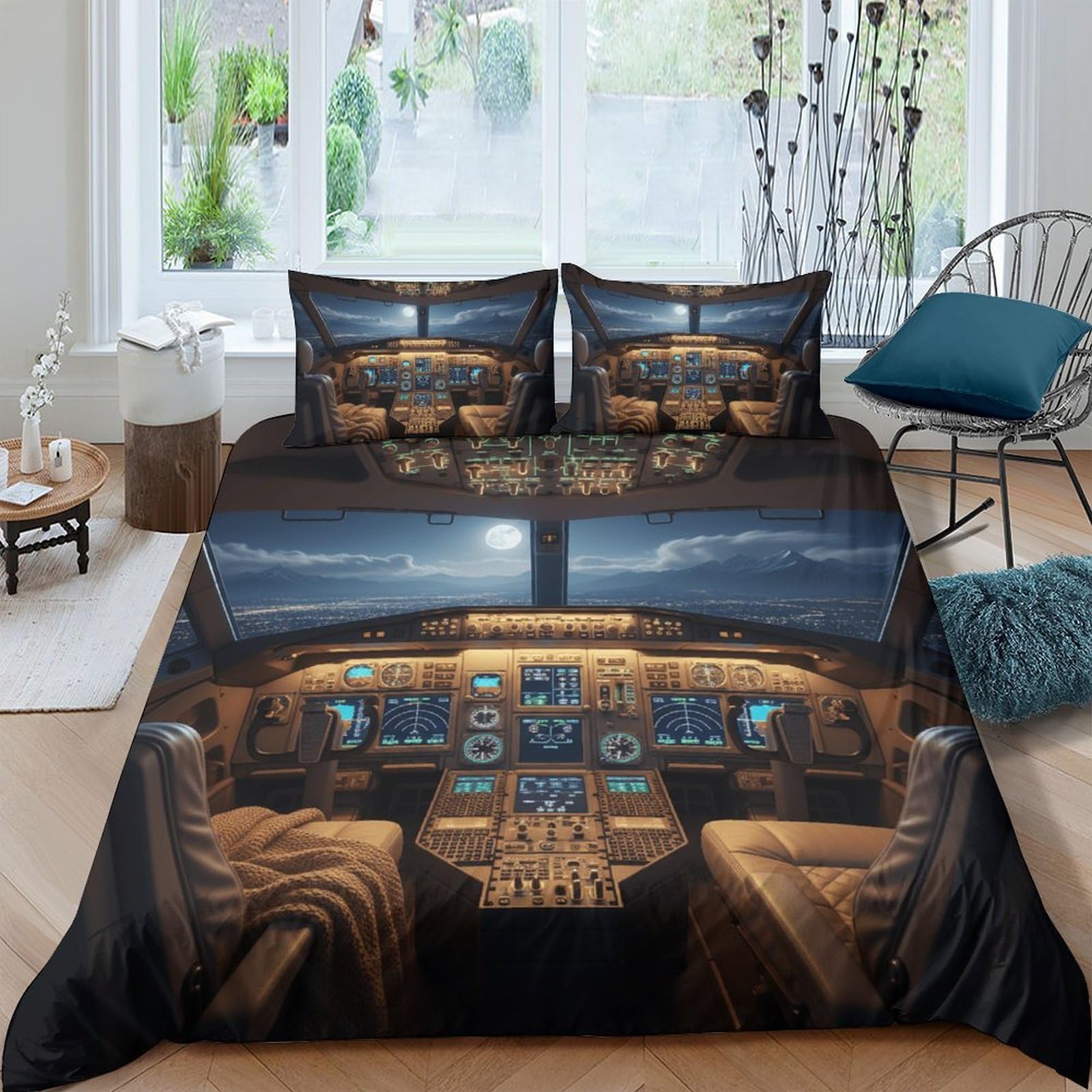 Ctjqhvkz Style-7 3D Printed Cockpit Night View Fitted Sheet Microfiber Soft Bedroom Decor Scenic Airplane Mattress Cover Single（135X200cm）