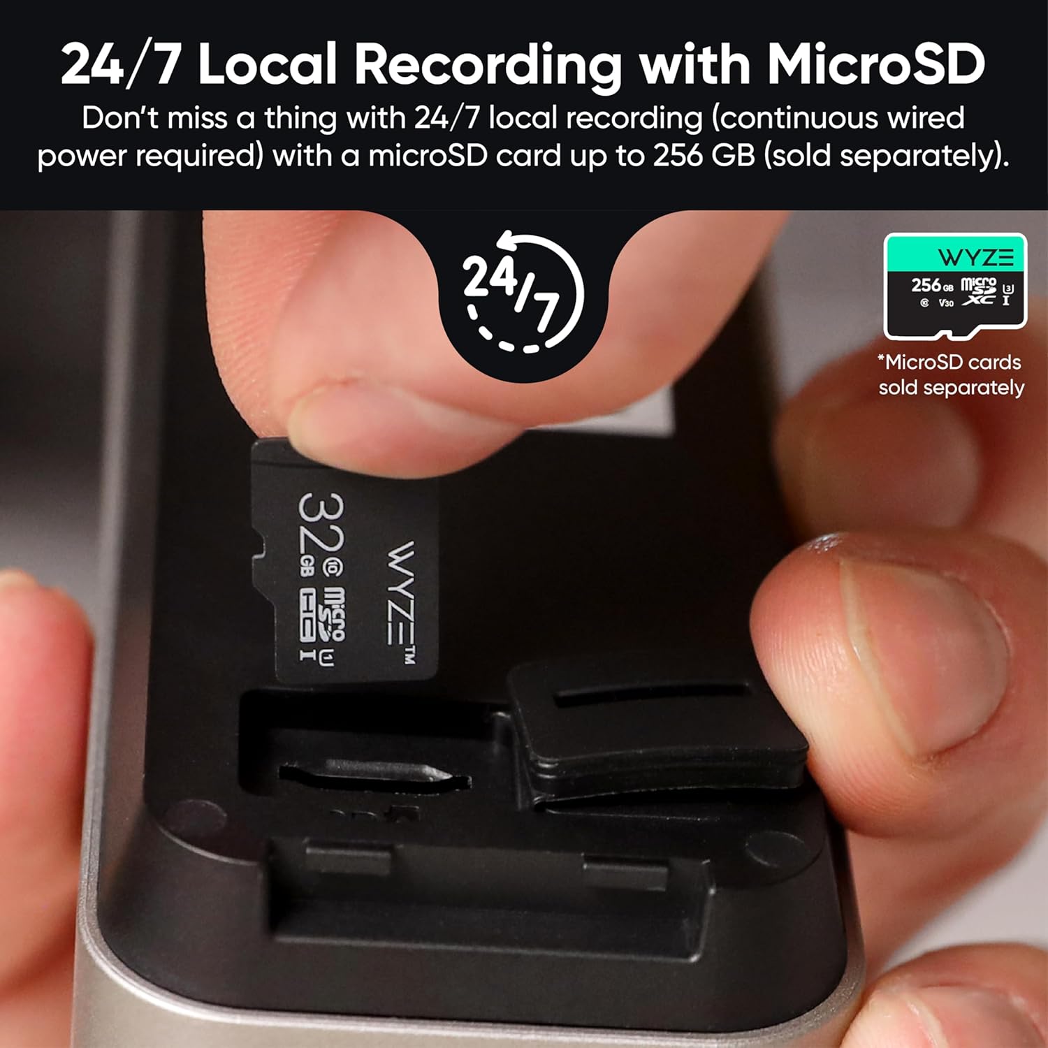 A hand inserting a Micro SD card into the slot of the Wyze Battery Video Doorbell.