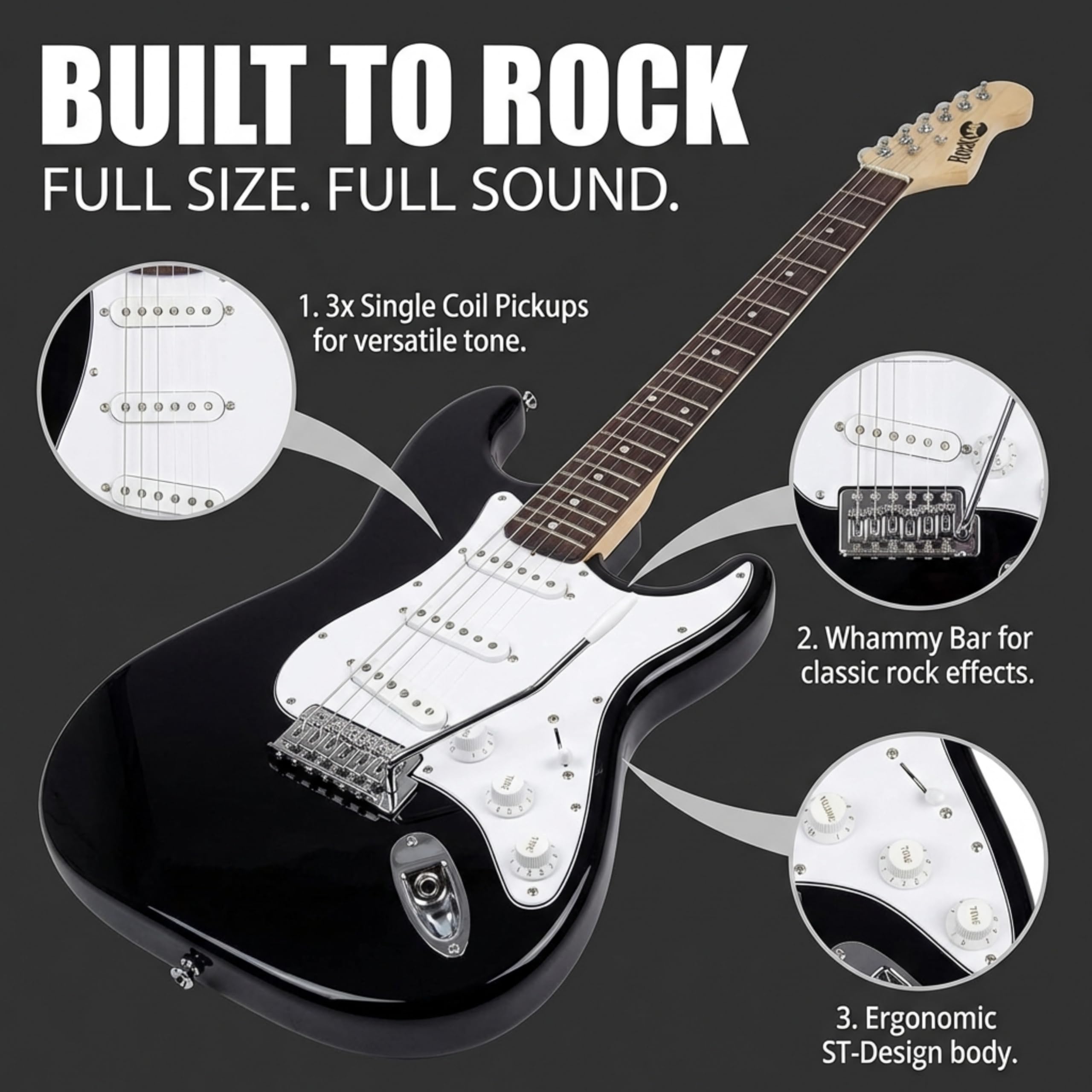 Kit per chitarra elettrica RockJam con amplificatore, borsa, vibrato, tracolla, cavo, corde di ricambio e lezioni