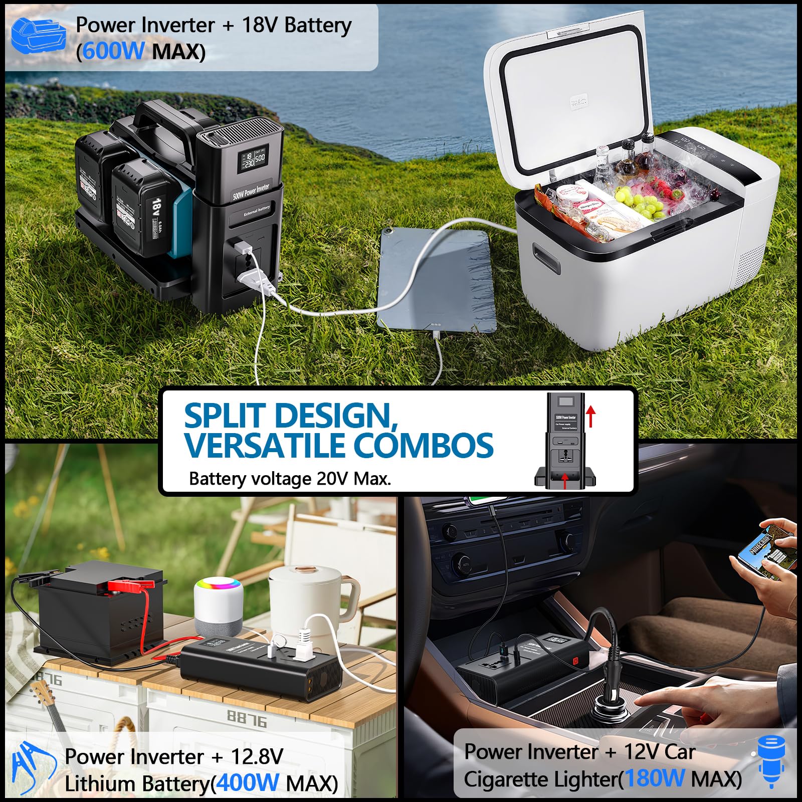 Adisipsoarin 500W Wechselrichter mit Reiner Sinuswelle für Makita 18V Batterie (ohne Batterie), 18V auf 230V Spannungswandler, mit Dual-USB-Anschluss und EU-Steckdosen, Inverter (4-Ports)