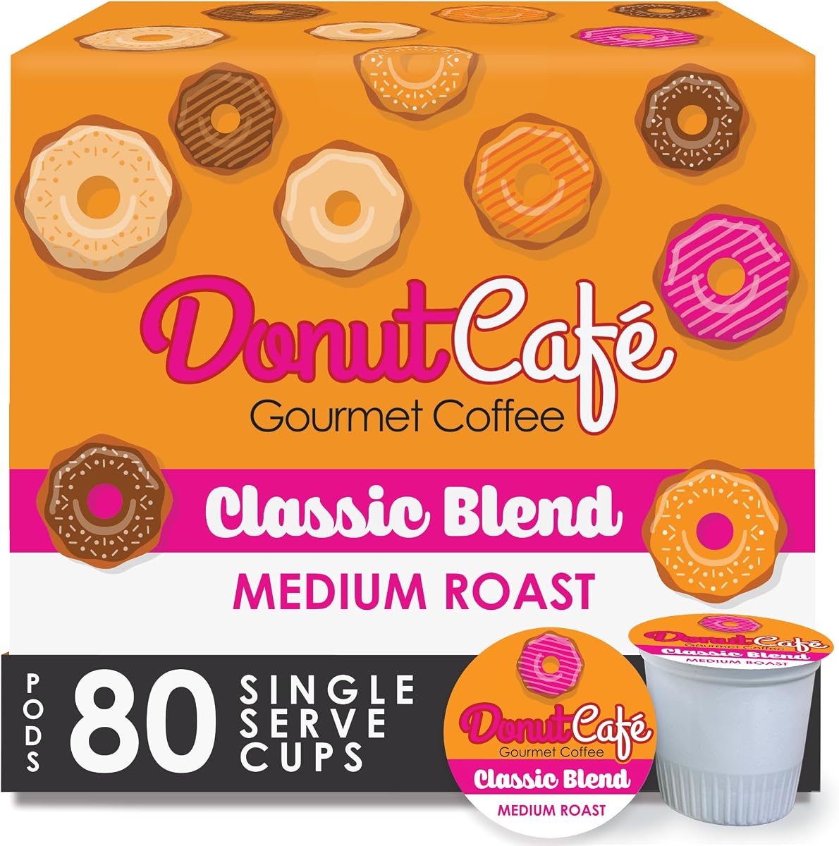 Donut Café - Coffee Gourmet Pods, Classic Blend, Medium Roast – Non-GMO, Gluten Free – Compatible with Keurig K Cup Brewers – Smooth & Delicious – 80 Count | Single Serve, Vegan, Allergen Free, Non-GMO, Kosher, Vegetarian, Compatible with Keurig K Cup Brewers, Smooth & Delicious