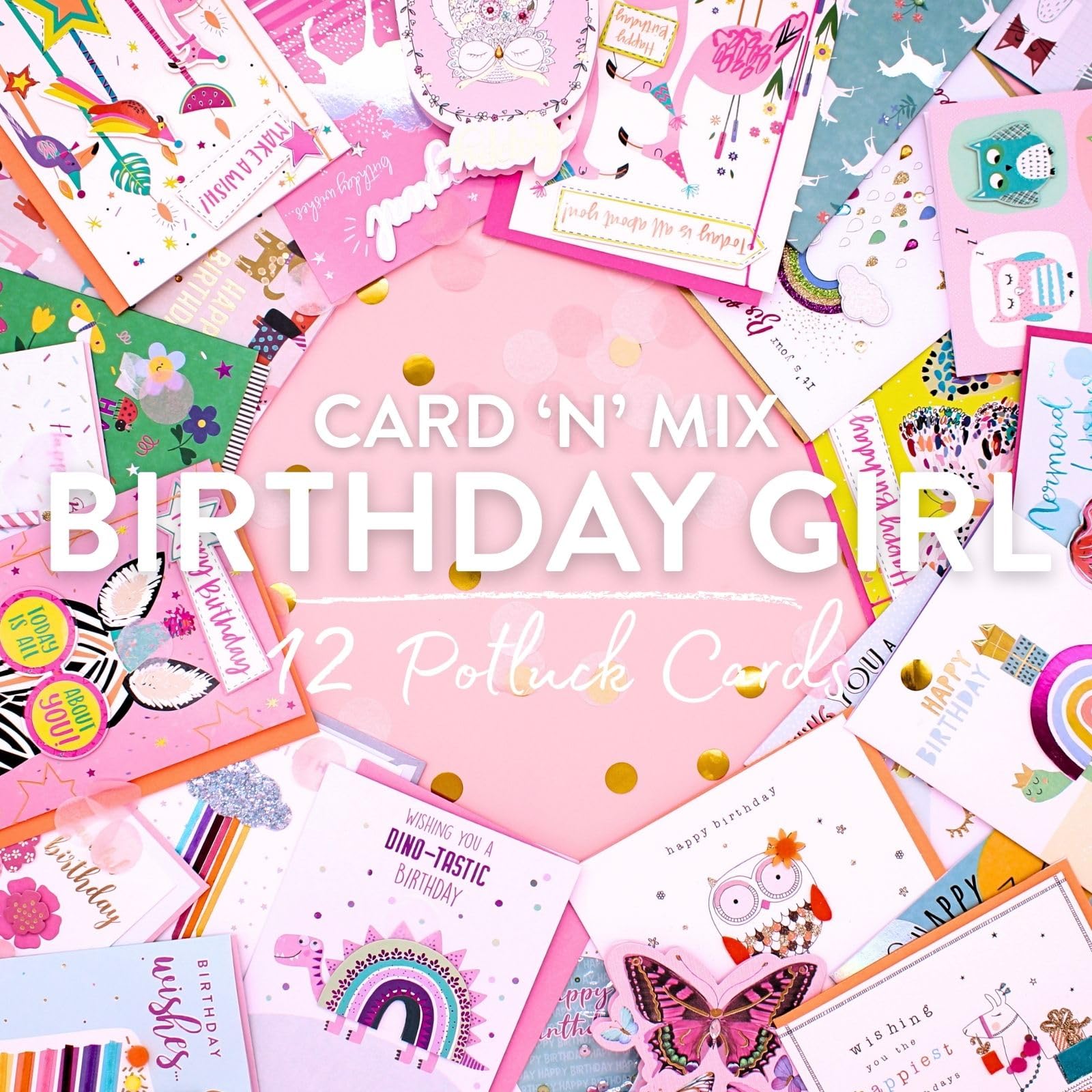 Love Kates Card'N'Mix Birthday Card Multipack Birthday Girl Variety Set 12 Card Assortment Girls, Kids, Children, Lucky Dip, Mystery Bundle, For Her, Hand-Finished Selection, With Envelopes