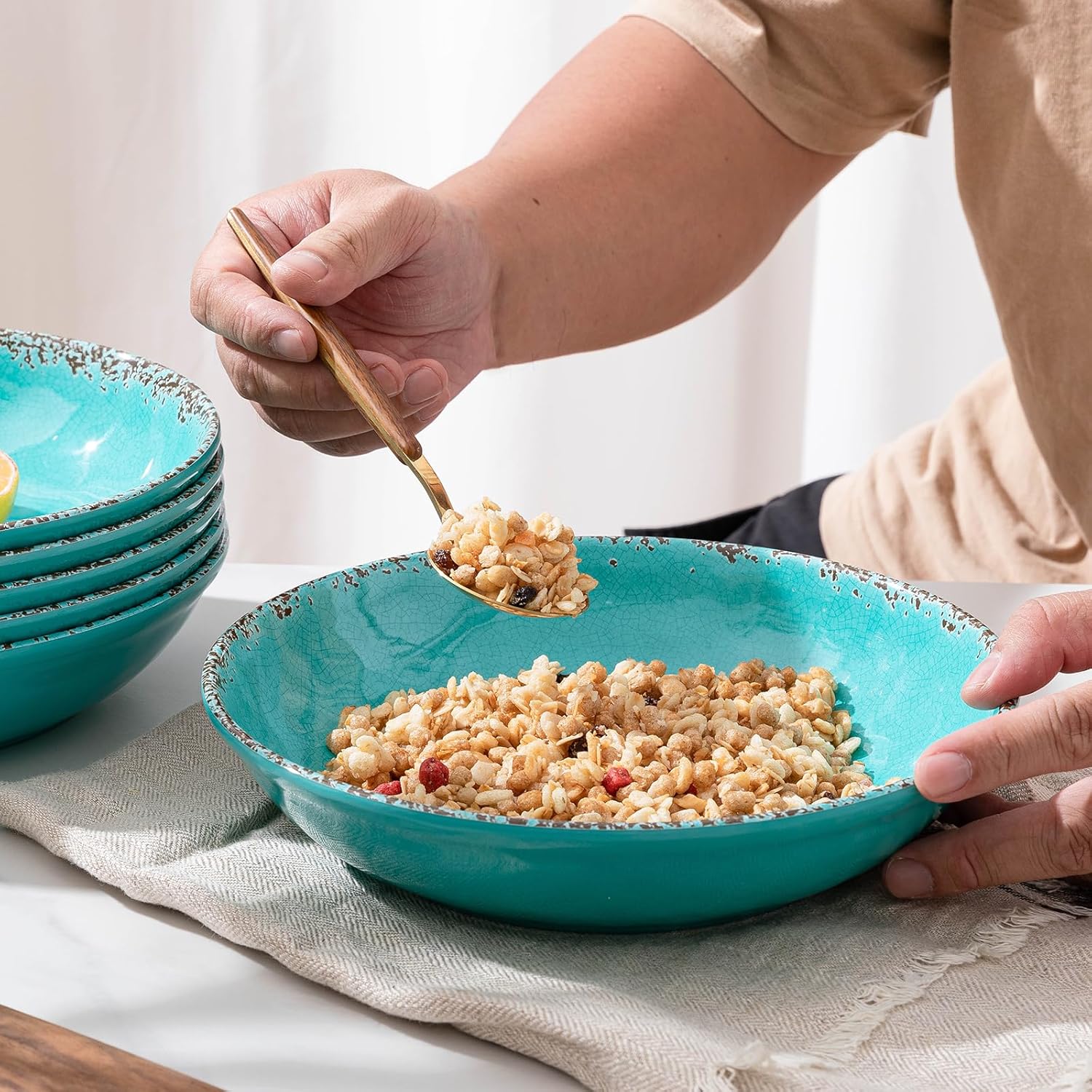 Farmhouse Melamine Pasta Bowls Set of 6, 42 OZ Shallow Individual Bowl, Melamine Pasta Plates and Salad Bowls sets, Dishwasher Safe Serving,Snack bowl,Fruit Bowl, Teal