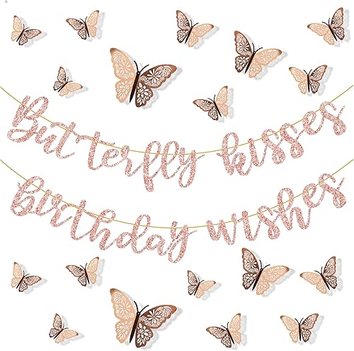 Miniatura 2 de Decoraciones de fiesta de deseos de cumpleaños con diseño de mariposas de oro rosa 3D, decoraciones de fiesta temática de mariposas para niñas,