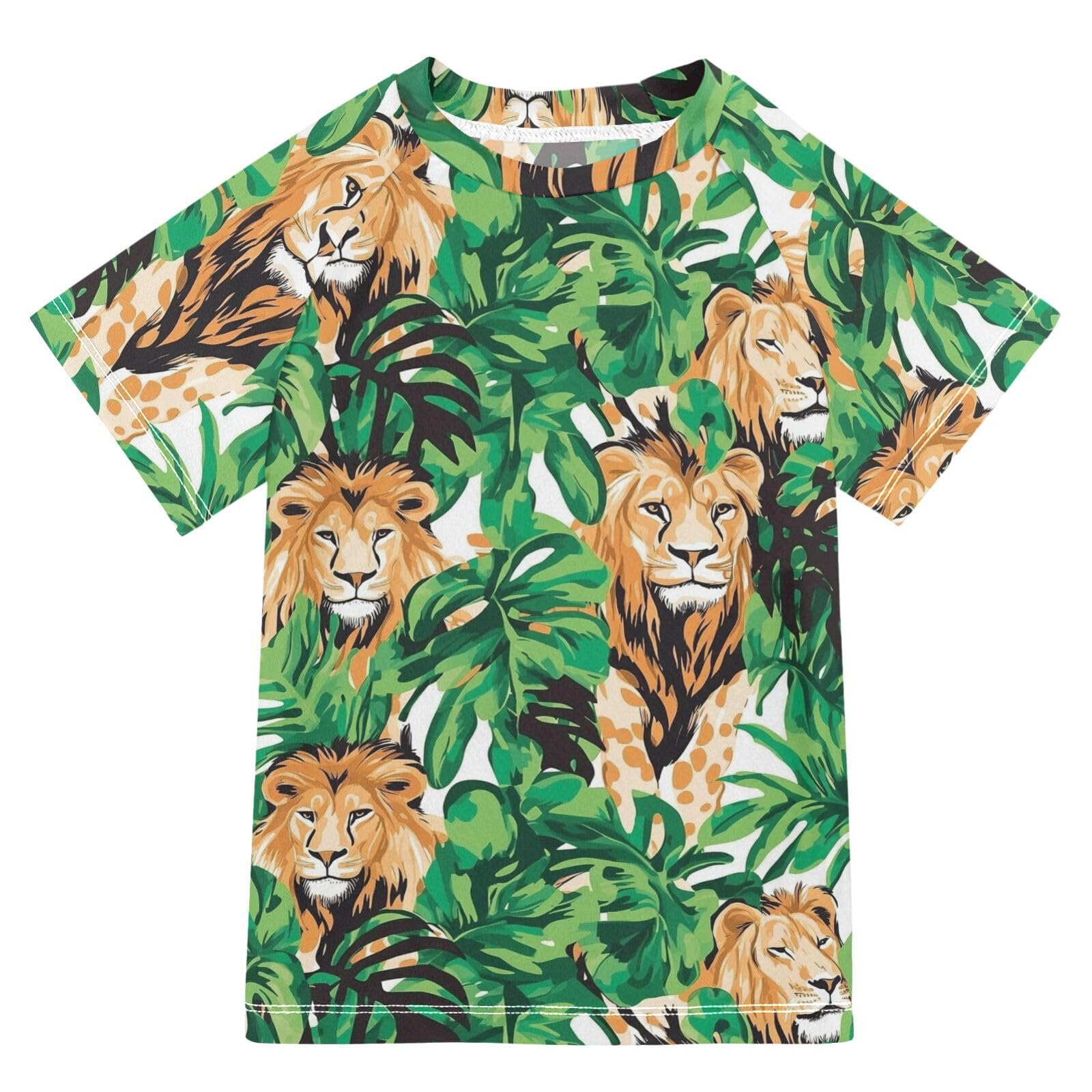 ALAZA Kids Rash Guard Toddler Swim Shirt Boy Girls Lions Green Jungle UPF 50+ Short Sleeve 4T
