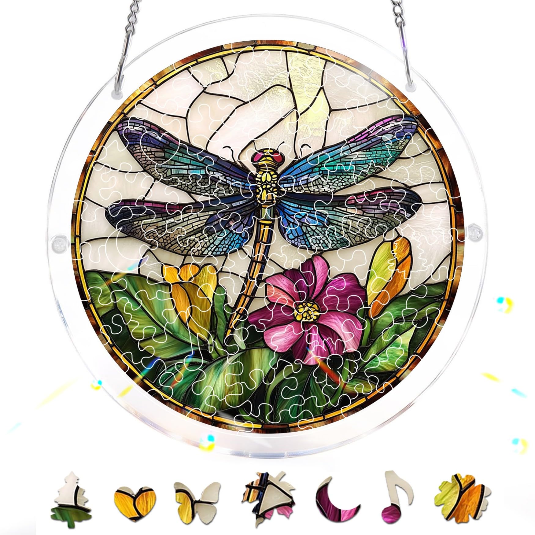 Zariocy Dragonfly Acrylic Jigsaw Puzzle Suncatcher - Stained Glass Window Hanging - Creative Home Decor - 83 Piece Puzzle & Pendant Combo - Ideal for Mom, Wife, Aunt Gift 18x18 cm-12