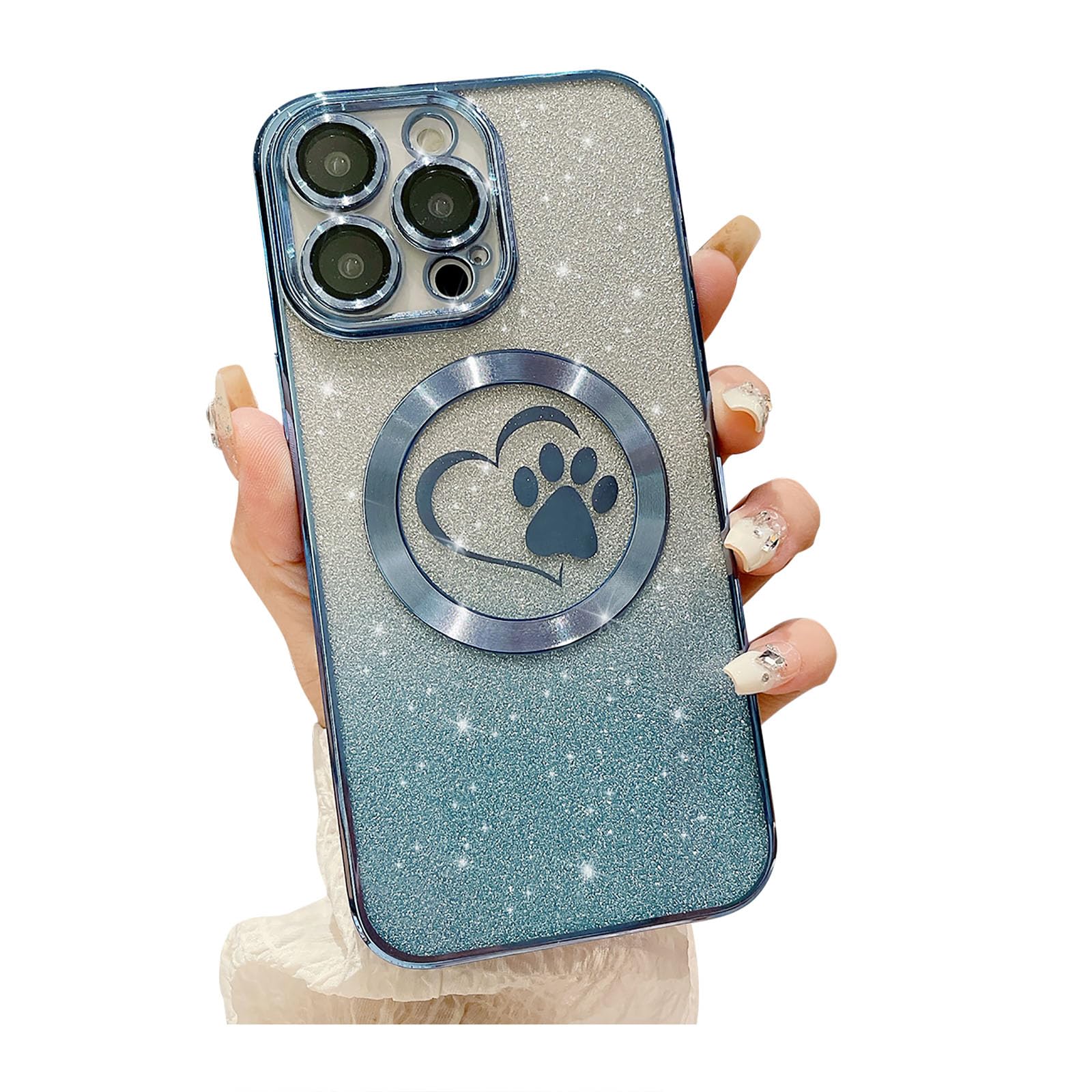 Weonmov for iPhone 14 Pro Max Case Glitter Clear Paw Love Heart Compatible with MagSafe, Strong Magnetic Full Camera Lens Protection Soft Slim Thin
