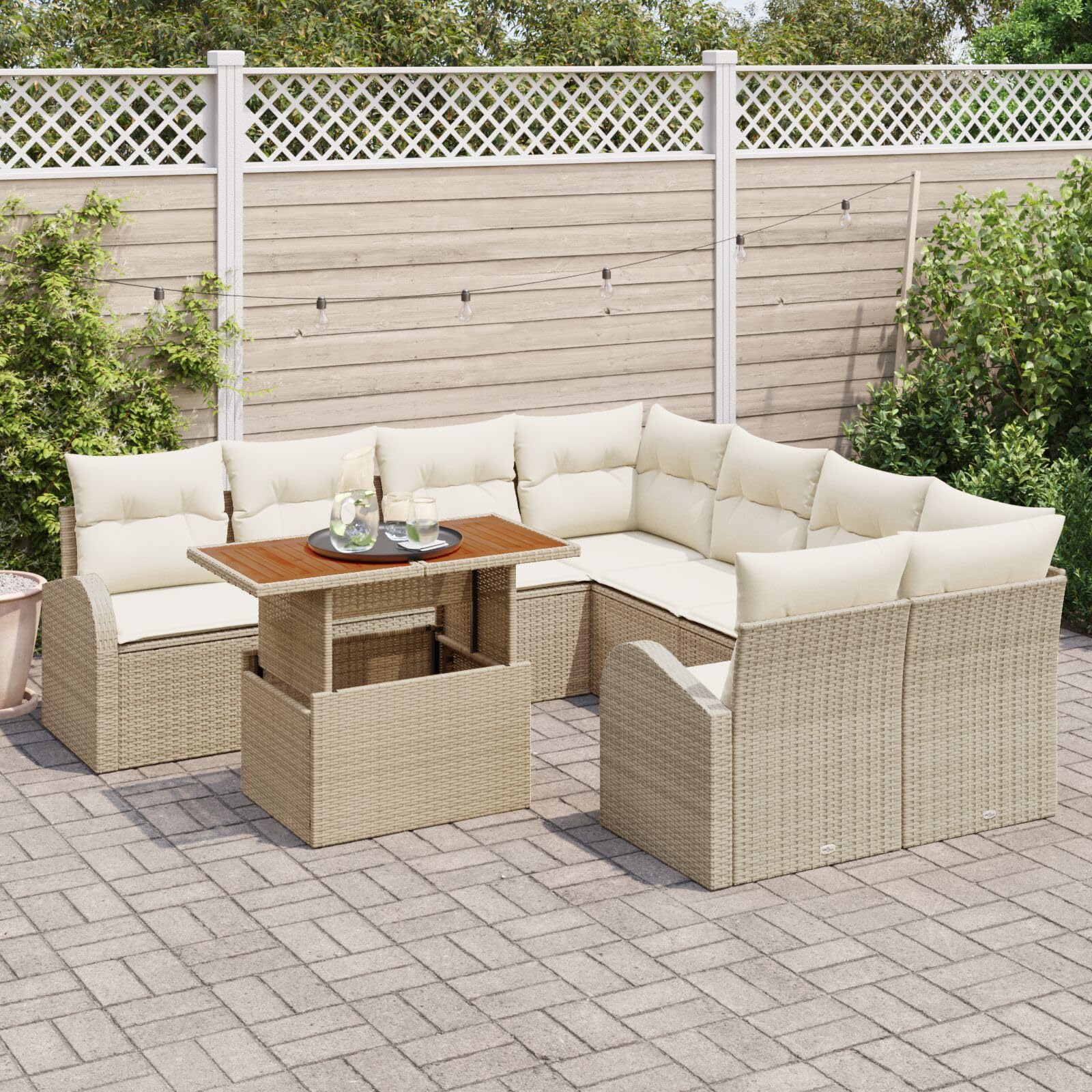LAPOOH Set da Giardino 9 Pezzi con Cuscini Beige in polyrattan Acacia,Set da Giardino,Set da Giardino Esterno,Set di Conversazione per Patio-3349567