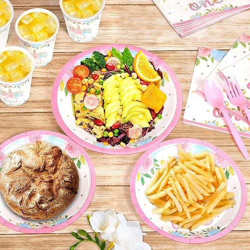Miniatura 4 de Juego de vajilla de 168 piezas para fiesta de cumpleaños de unicornio rosa para 24 invitados, incluye platos, cubiertos, tazas y servilletas