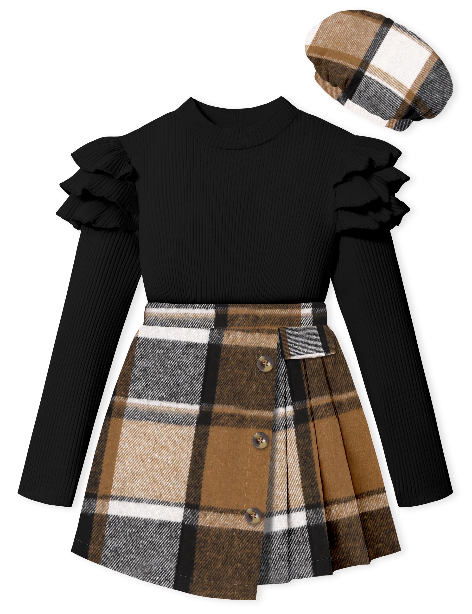 MIGU Girls Clothes Skirt Set Fall Winter Ruffle long Sleeve Tops+Plaid Skirt Shorts+Hat Girls Clothing Sets 3Pcs Outfits Black+brown 9-10 Years