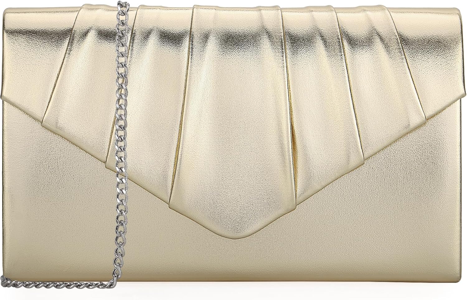 Women Evening Clutch Purse - Shimmering Metallic PU Leather Pleated Flap Envelope Handbag for Wedding Prom Party