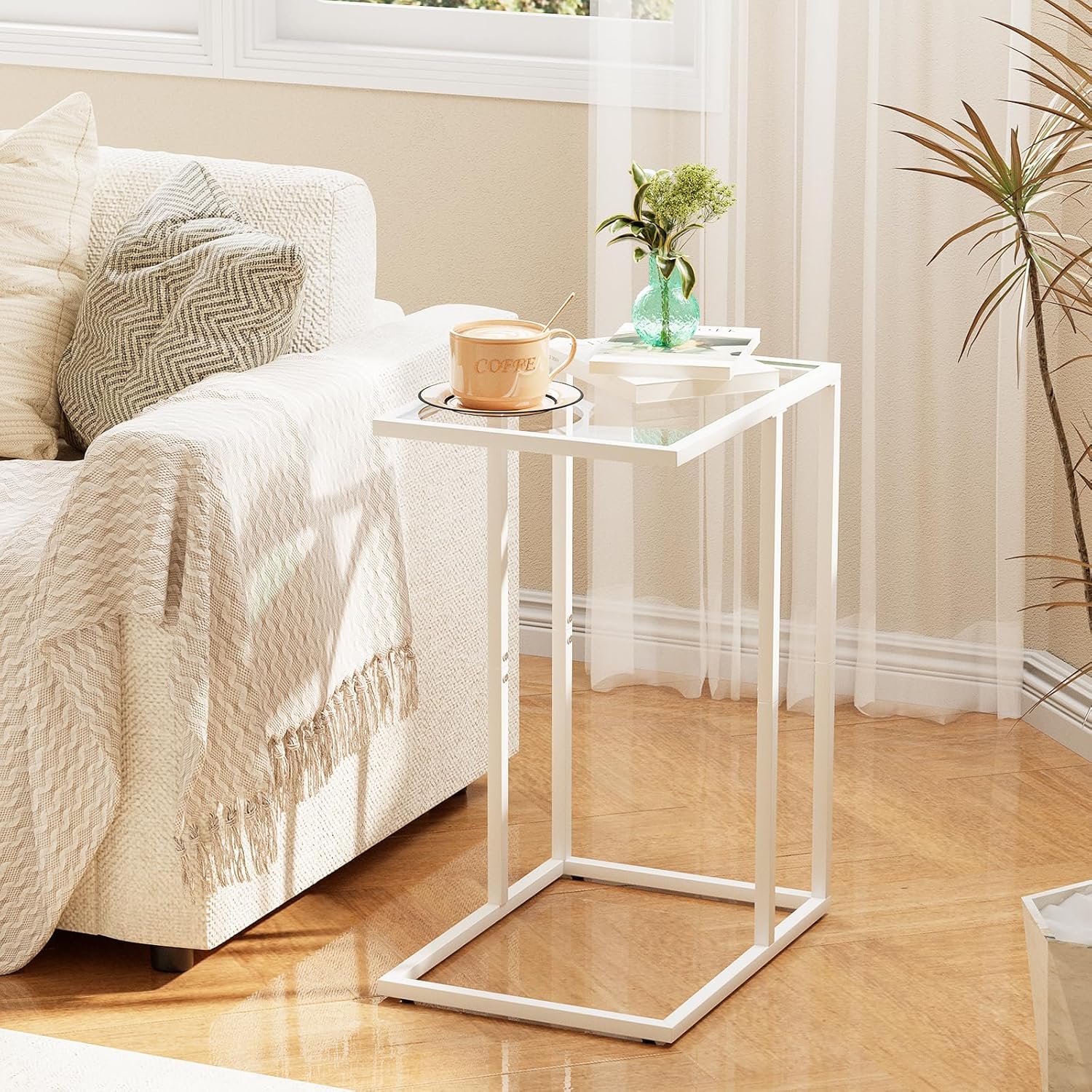 Easy Paws Small C Shaped Table for Sofa,Glass Couch Sofa Tray Snack Table for Living Room, Bedroom,TV Tray Table for Small Space,Accent Coffee Table,Nightstand with Metal Frame(White)