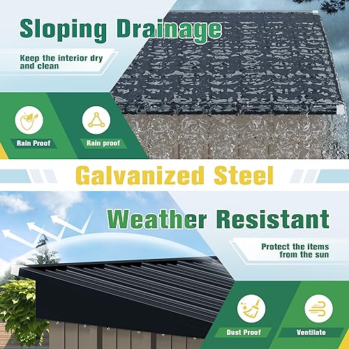 Miniatura 10 de Flamaker Cobertizo de almacenamiento impermeable de metal con puerta con cerradura, cobertizo de herramientas para almacenamiento al aire libre para