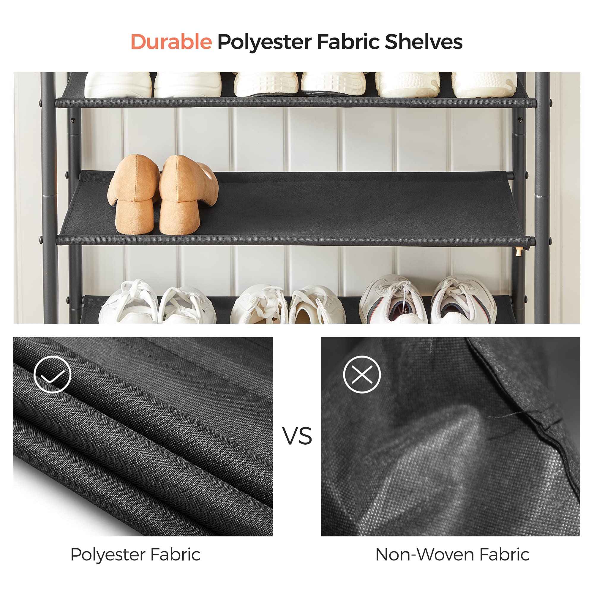 VASAGLE Shoe Rack 5 Tier, Narrow Shoe Organizer for Closet Entryway, with 4 Fabric Shelves and Top for Bags, Shoe Shelf, Steel Frame, Industrial, Rustic Brown and Black ULBS036B01