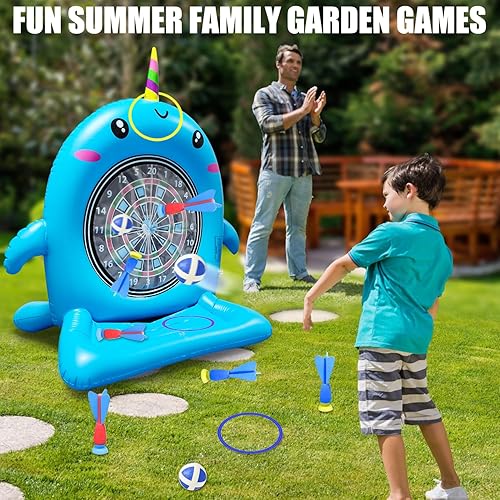 Miniatura 6 de Dollox Juguetes de piscina para niños Juego de mesa de dardos flotante grande de 45 pulgadas, lindo juguete inflable de delfín para jugar en