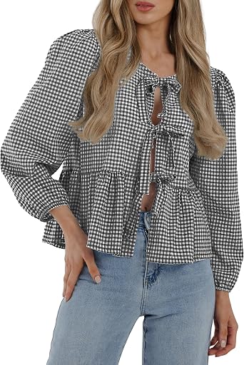 PRETTYGARDEN Womens Spring Fall Babydoll Peplum Blouse Shirt Puff Long Sleeve Bow Tie Front Trendy Cute Y2K Going Out Tops