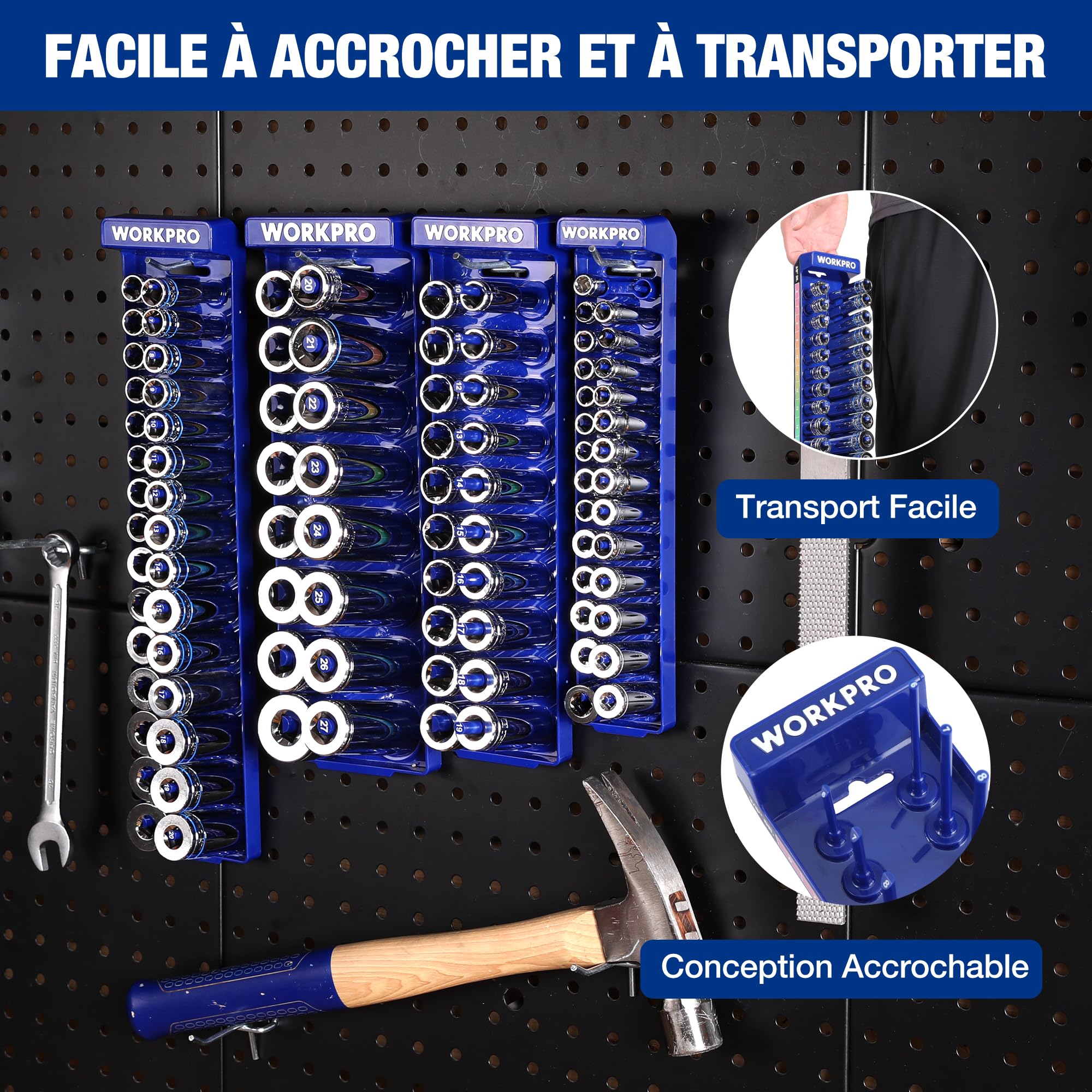 WORKPRO Kit d'Organisateur de Douilles 4 Pièces, 1/4", 3/8", 1/2" pour Douilles Métriques, Support de Rangement pour Douilles avec Plateau de Stockage, Porte-Douilles Shadow pour Organiser vos Outils