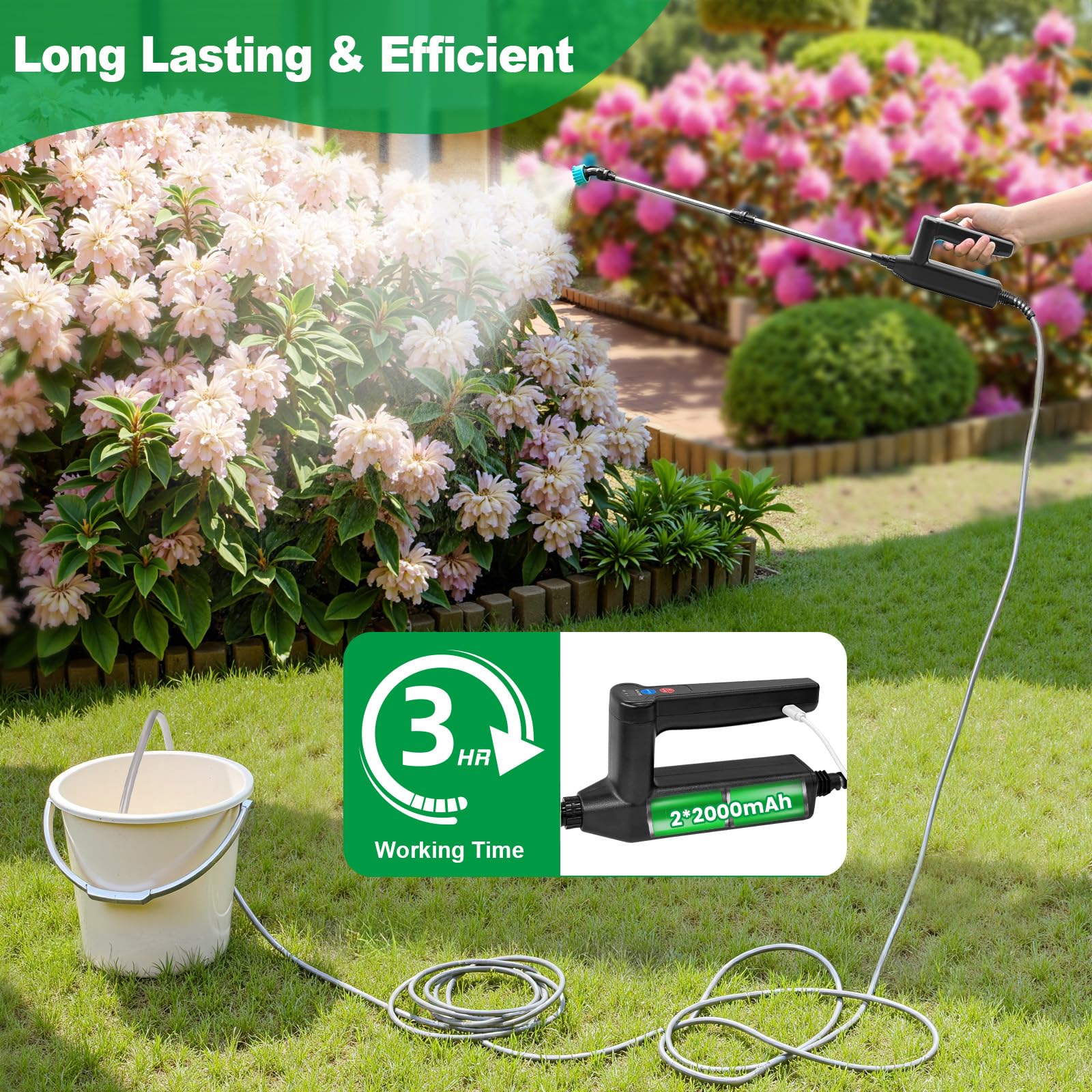 SYLSTAR Pulverisateur Electrique 7.4V 3 Vitesses 4 Buses Reglables 8M Tuyau 60cm Tige Telescopique Jardin
