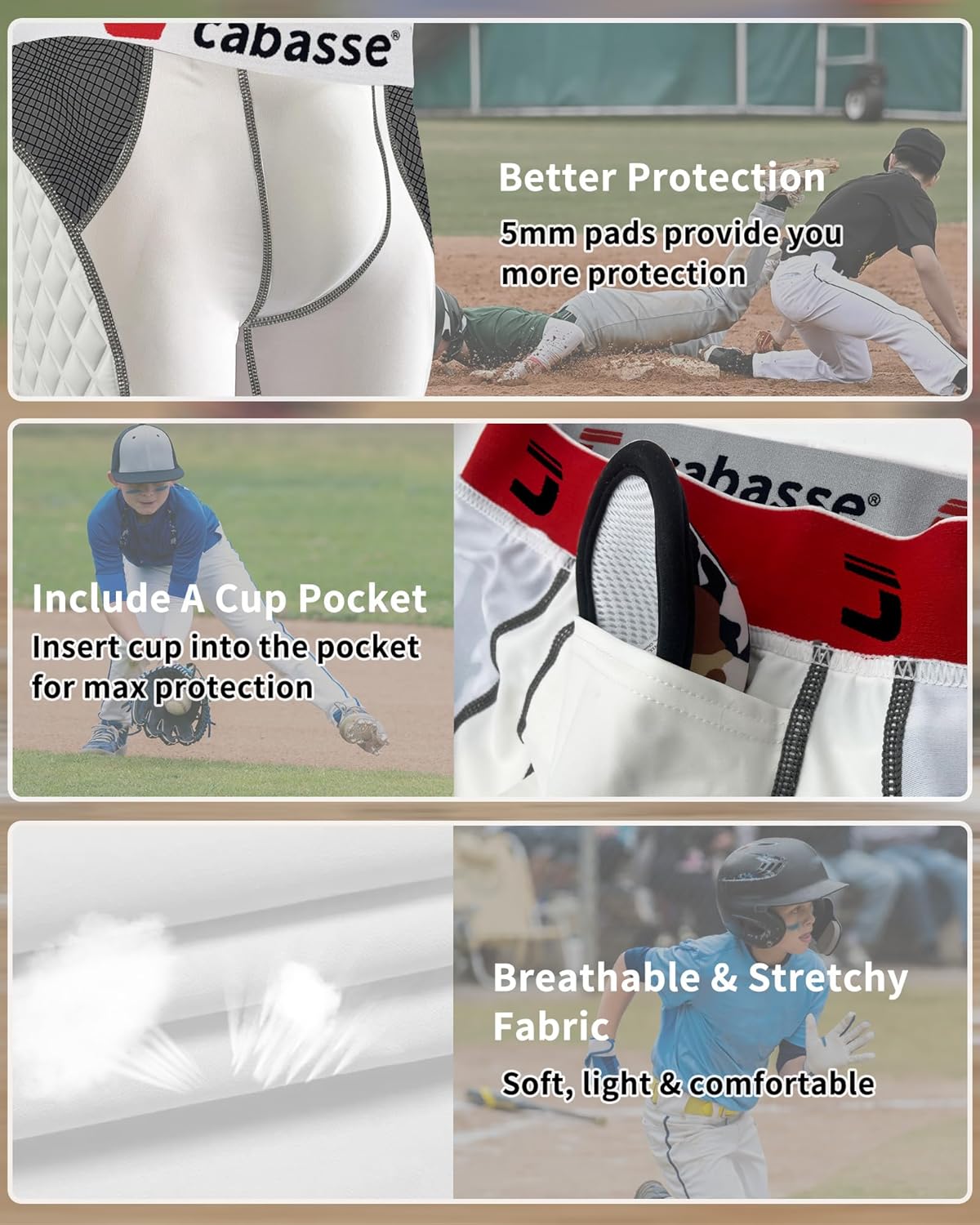 Cabasse Youth Padded Elite Sliding Shorts with Cup Pocket, Boys Slider Shorts for Baseball & Football - Image 3