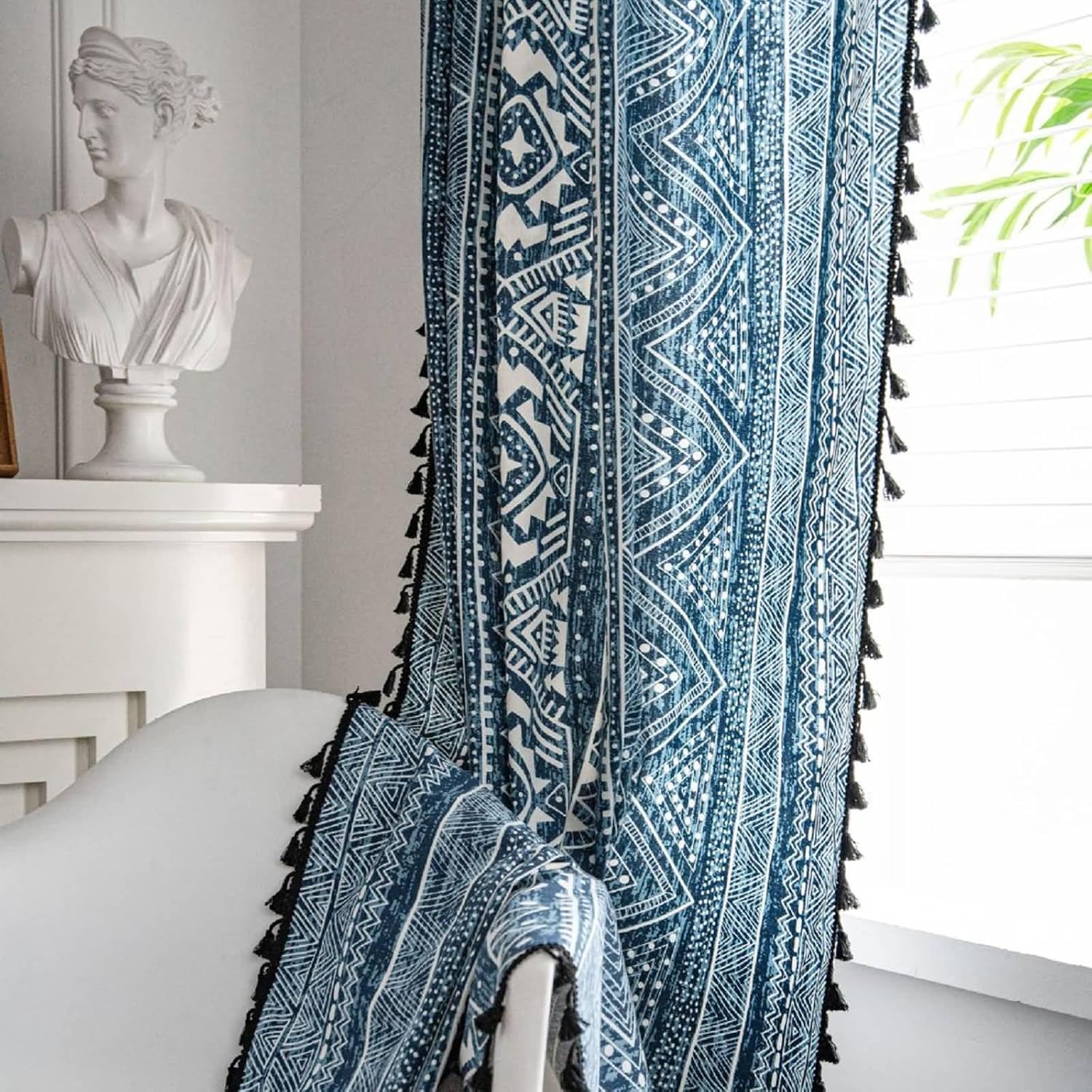 Curtains for Bedroom Sheer, Cotton Bohemian Style Geometric Pattern Decorative Semi Blackout Curtains for Bedroom, Blue (Rod), 59W x 71H inch