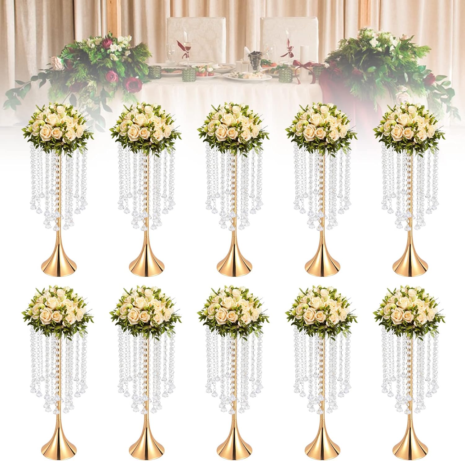 10Pcs Wedding Trumpet Flower Stand 21.9" Tall Metal Vase w/Acrylic Crystal Beads, Gold Centerpieces for Wedding Reception Table Decor