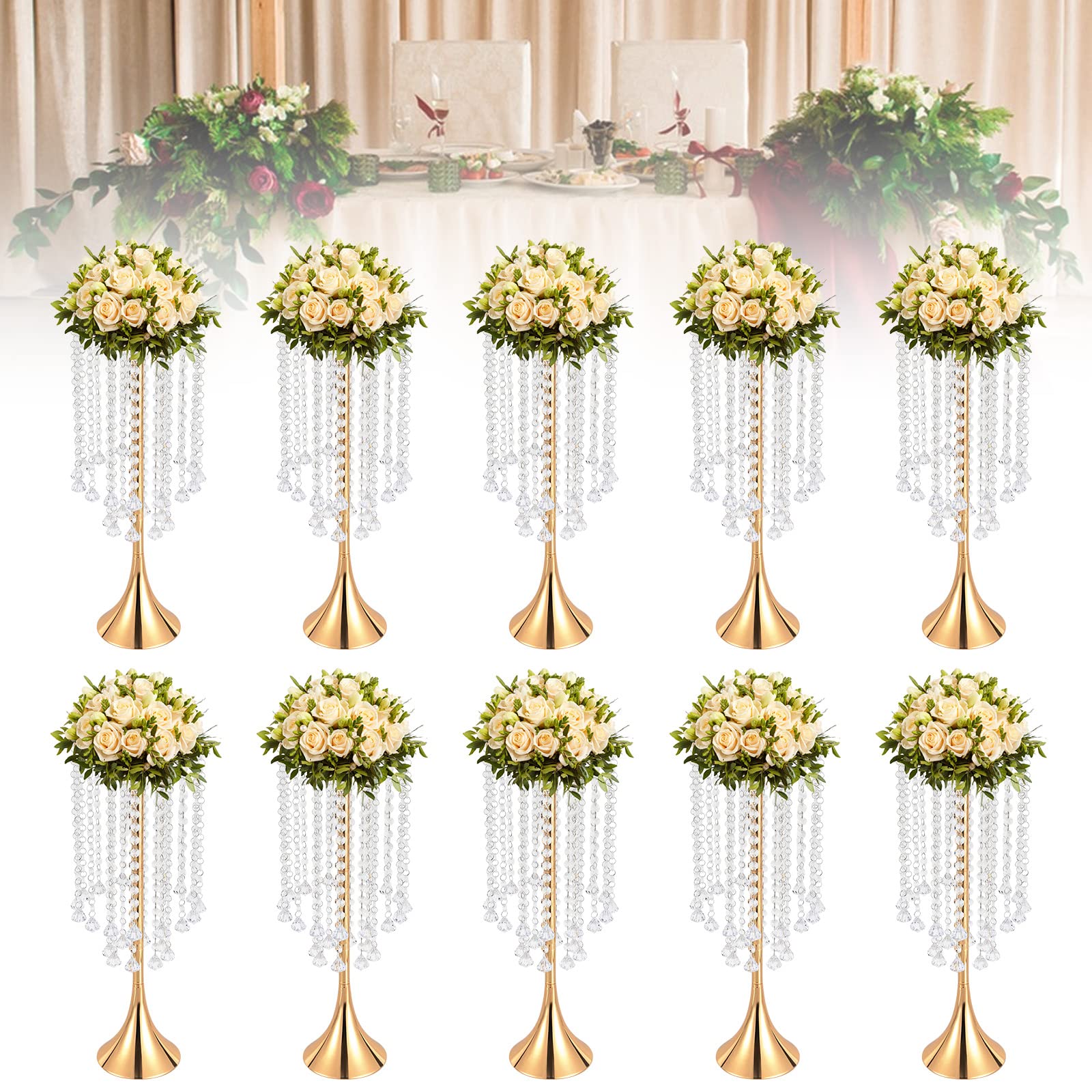 10Pcs Luxurious Acrylic Crysta Flower Stand, Wedding Centerpieces on Floor, Tall Metal Flowers Arrangement Stands, Tabletop Vase, for Wedding Party, Dinner Event, Hotel/Home Decor