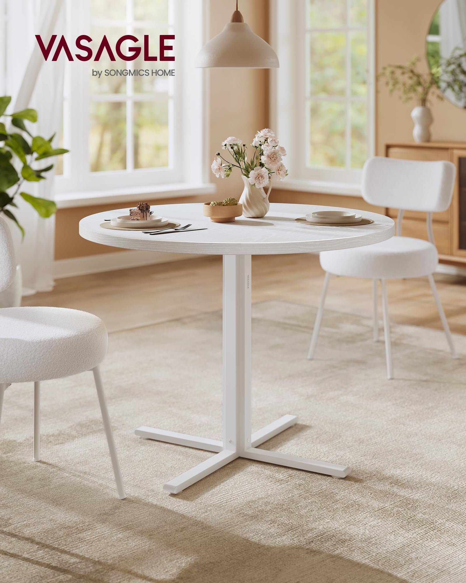VASAGLE Tavolo da Pranzo Rotondo, Tavolino da Cucina per 4 Persone, Stile Rustico, Piano Resistente all'Acqua, diam. 80 cm, Altezza 74,8 cm, Sala da Pranzo, Soggiorno, Bianco Neve KDT082W01