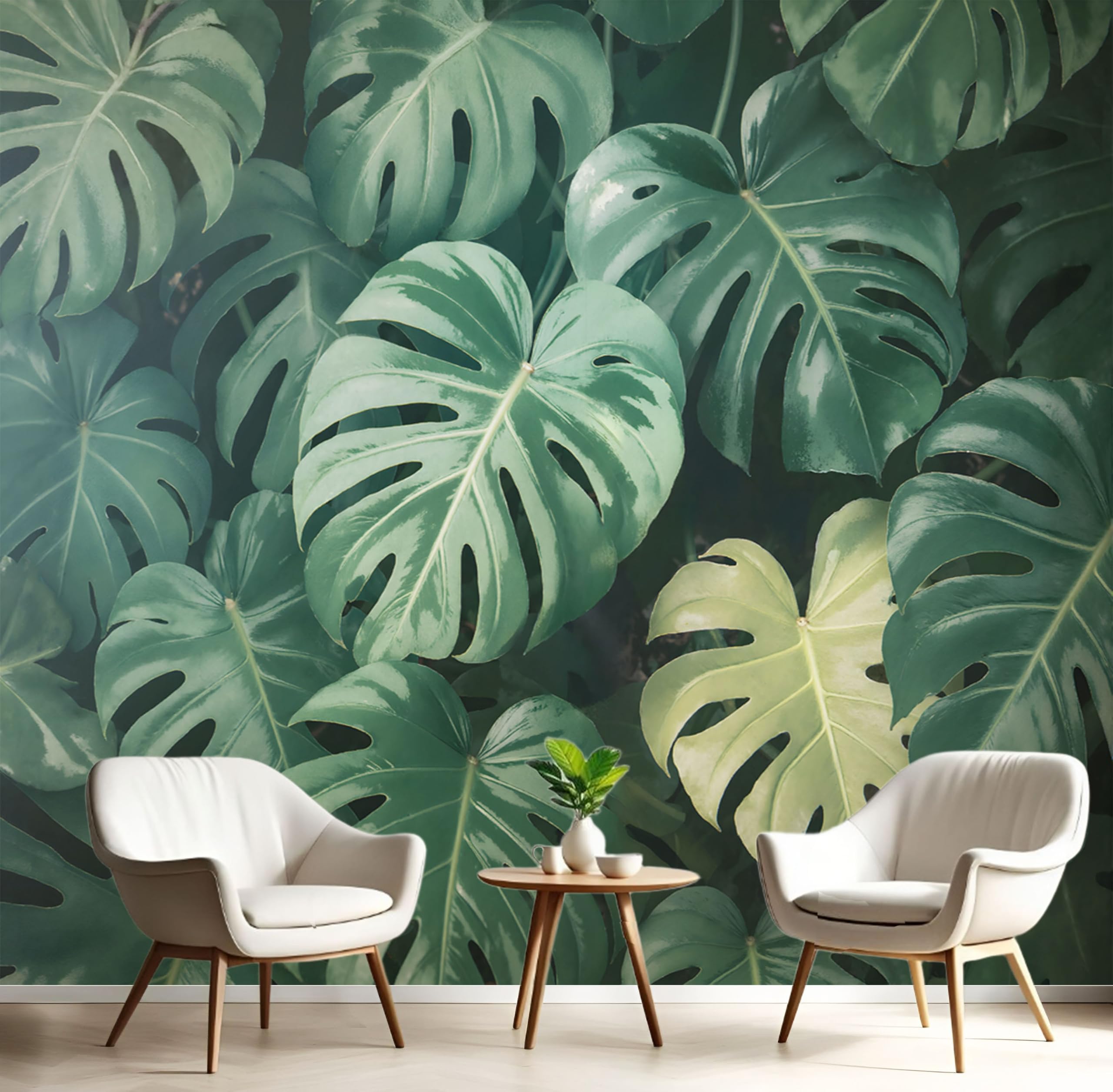 Carta da Parati Moderna per Soggiorno, Piante tropicali Foglie di Monstera, 350x256cm | Fotomurali in Seta, Decorazione da Muro XXL, Carte da Parati Moderne Verde scuro